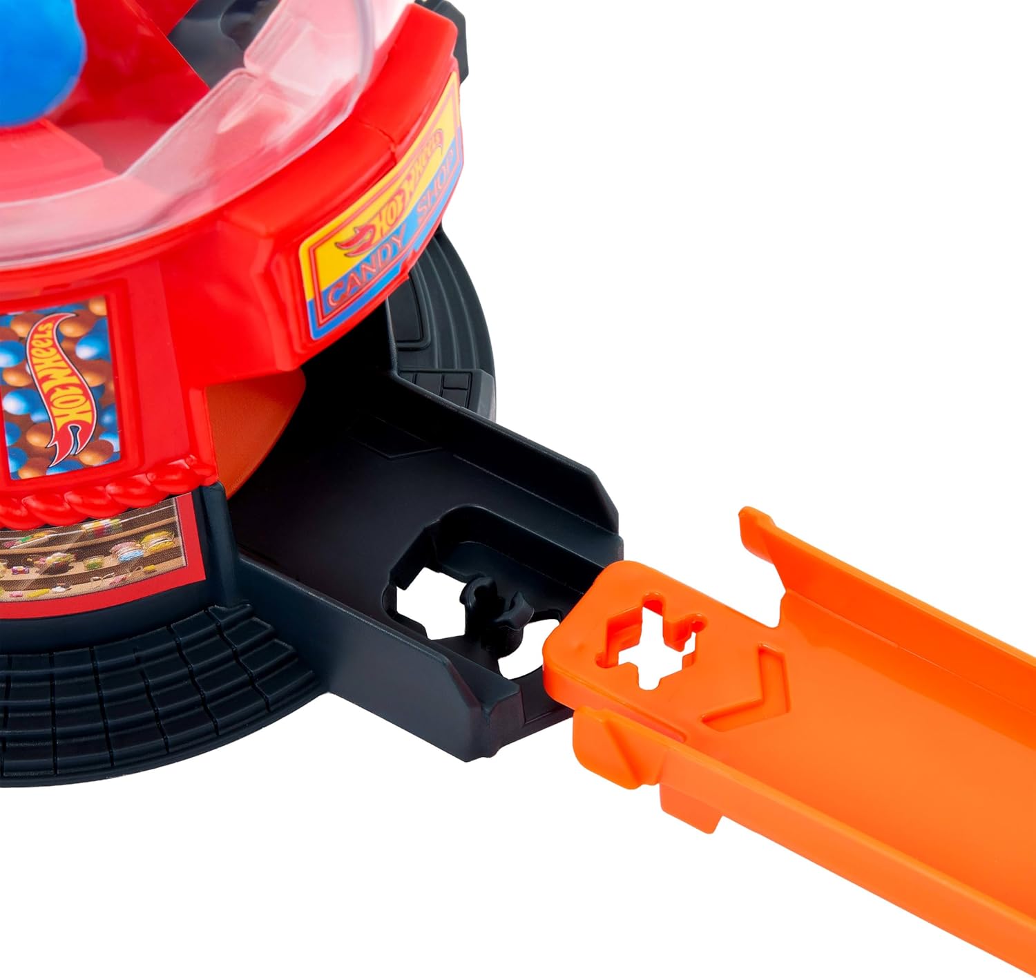 مجموعة مسارات سيارات هوت ويلز، مجموعة لعب آلة غامبول مع مركبة مصبوبة على شكل دونات بمقياس 1:64 ومسار سرعة سريع، متجر حلوى وسط المدينة