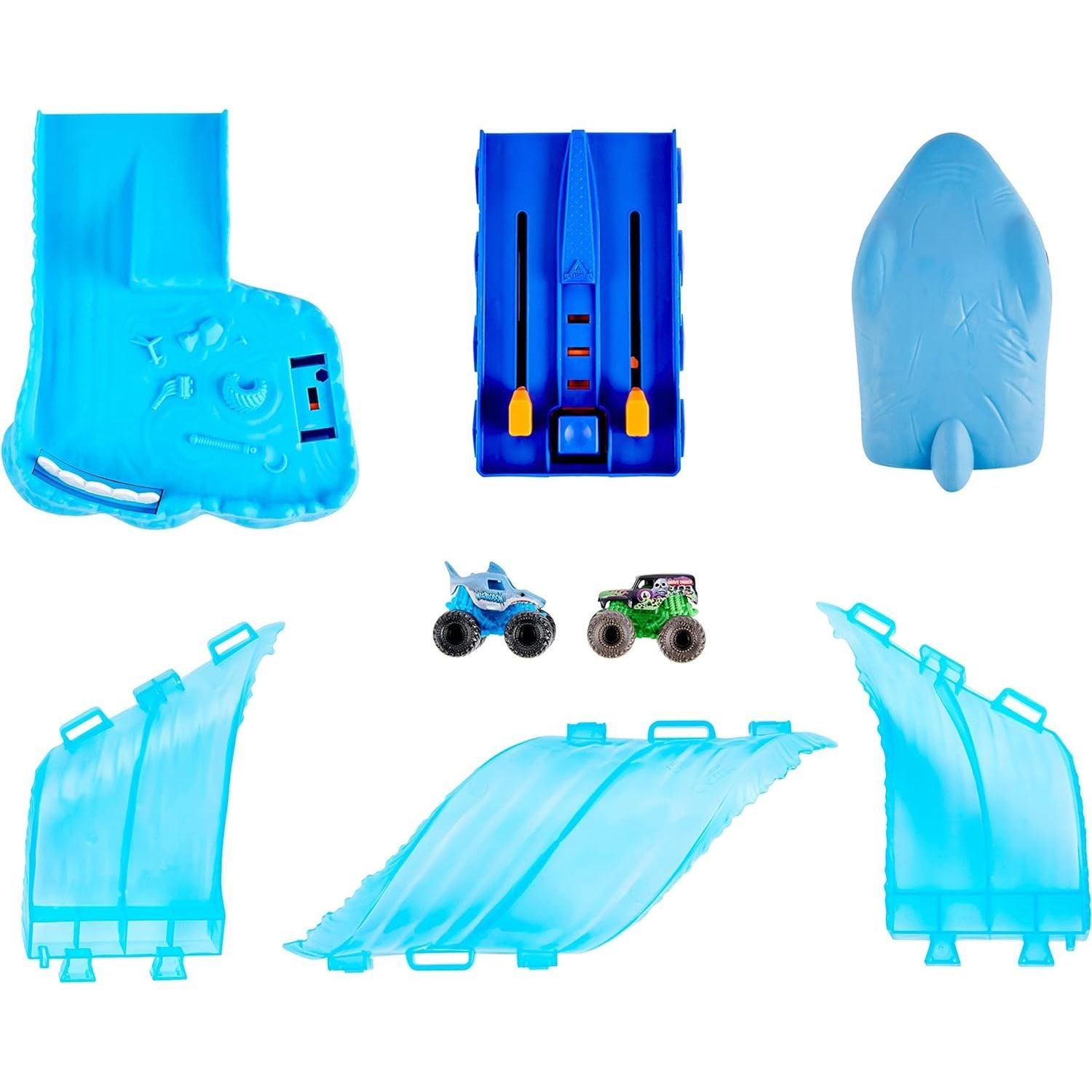 Spin Master Monster Jam, Mini Megalodon Race and Chomp Playset with 2 Monster Jam Mini Trucks, 1;87 Scale
