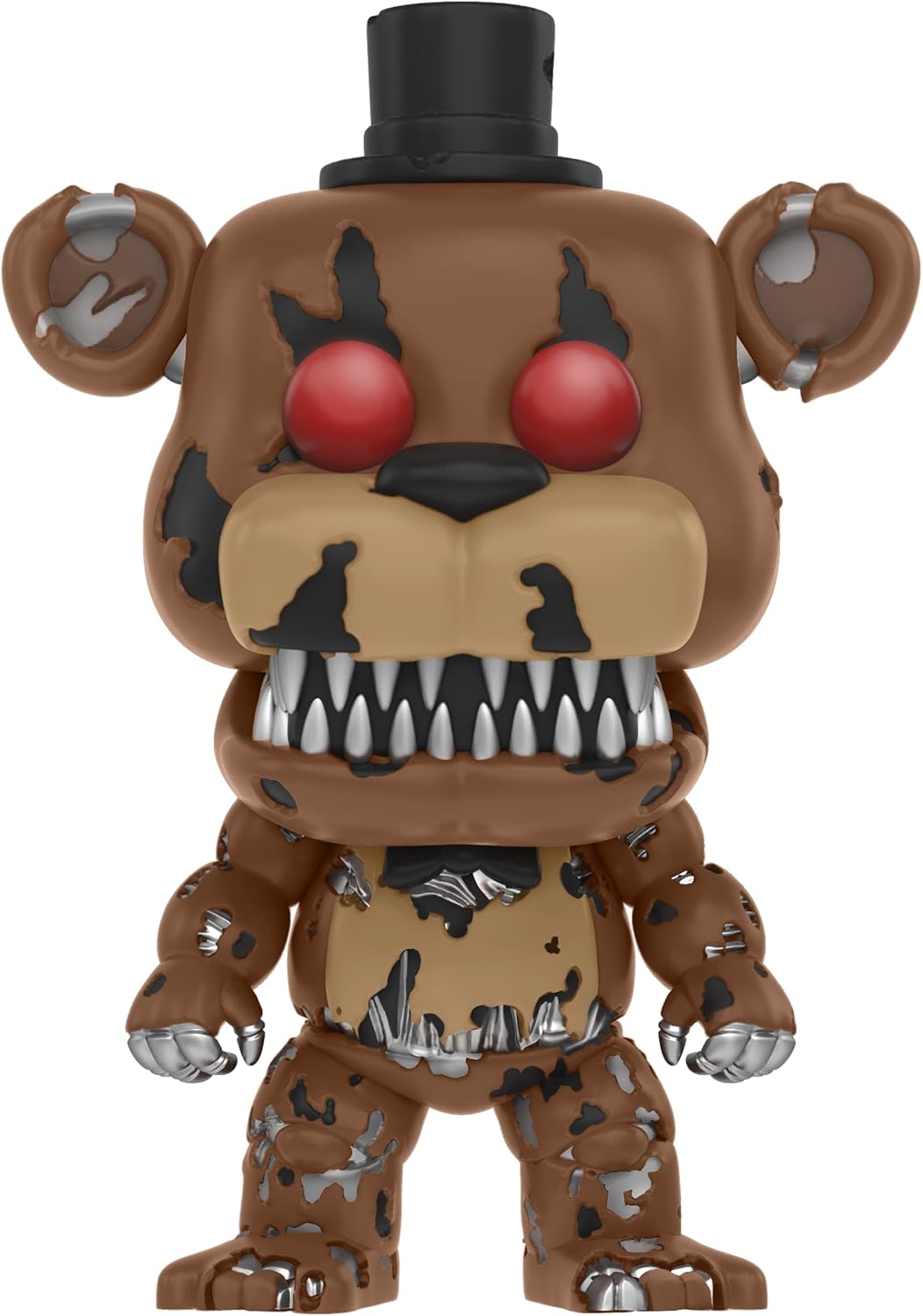 Funko Pop! vinyl figure of a distressed, scary Freddy Fazbear, featuring a brown and tan mottled body, black top hat, red eyes, and sharp white teeth