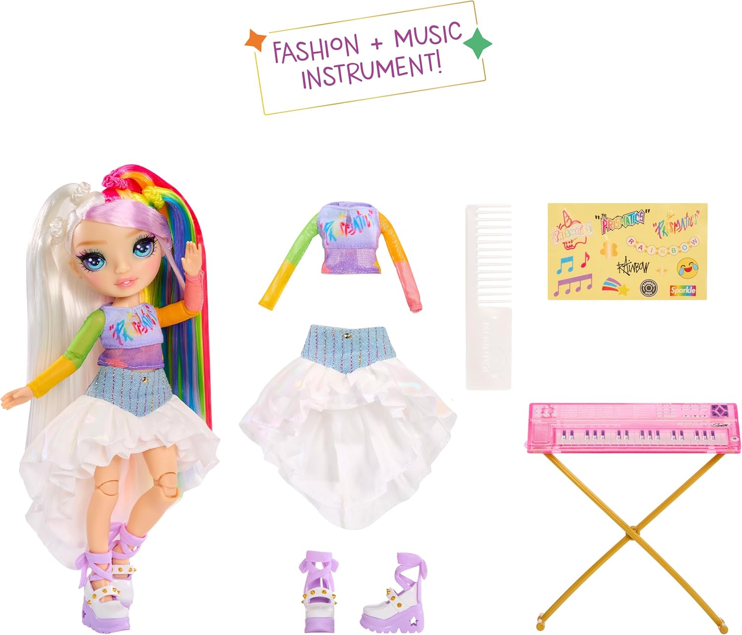 Rainbow High Jr High Rock Band - Amaya, Rainbow 9” Fashion Doll with Keyboard, Customize with Stickers, Posable, Great Toy Gift for Kids Ages 4+