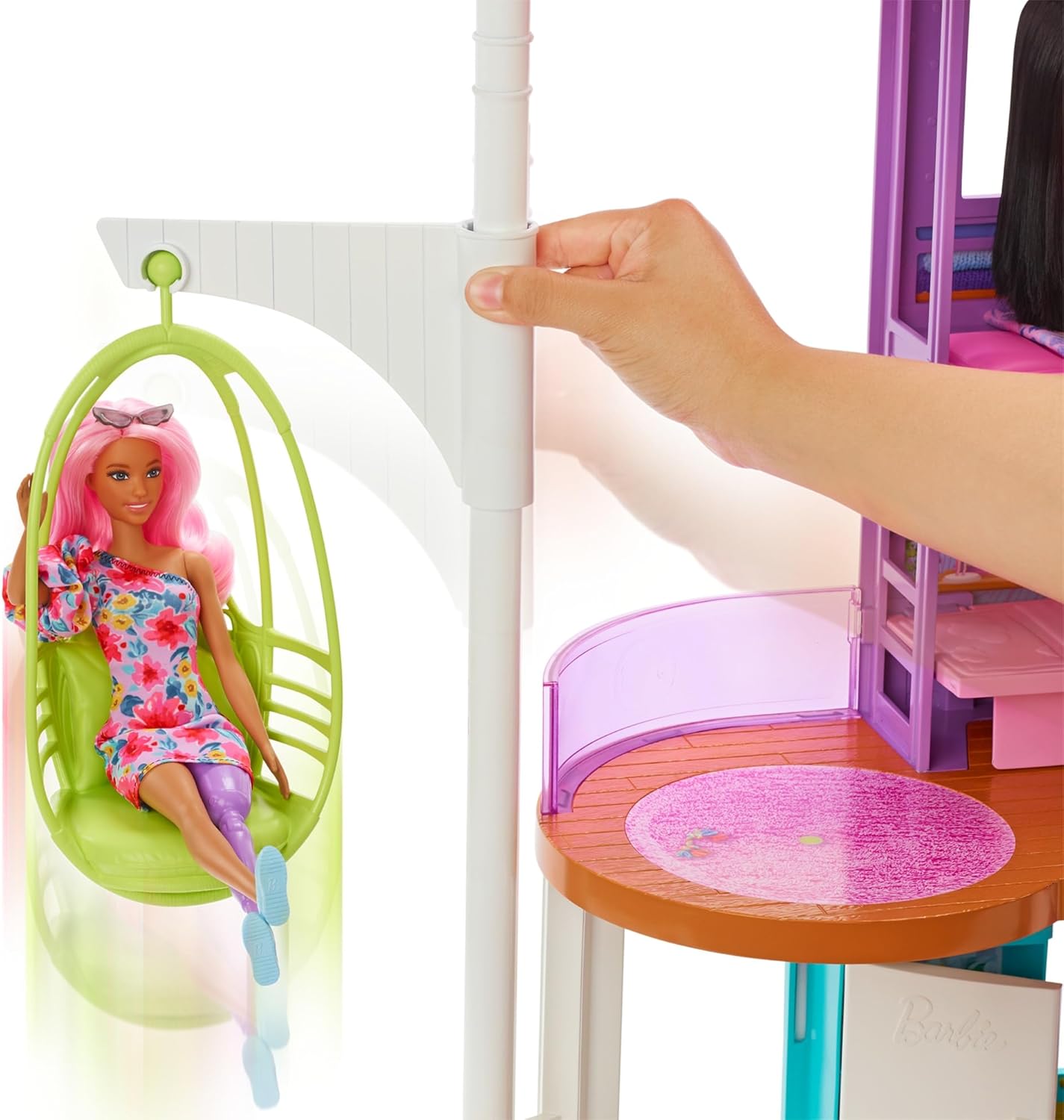 Barbie Vacation House, 2-Storey Fully-Furnished Barbie House with 6 Play Areas, Swing Chair Elevator, 30 Accessories, Fold and Store, Toys for Ages 3 and Up