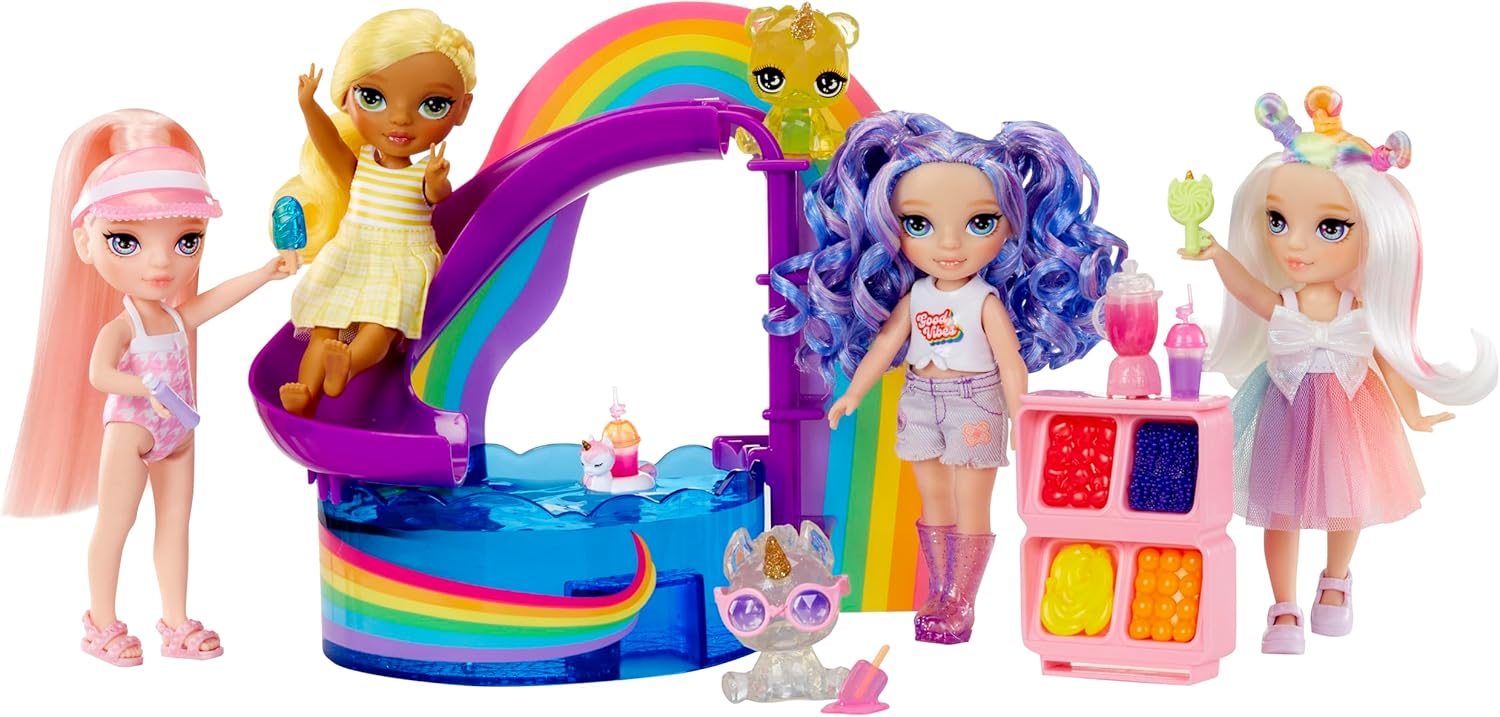 Rainbow High Littles Pool Day Playset + Small Doll (Pink 5.5”), Pool with Rainbow Slide, Accessories, Smoothie Stand, Kids Gift Ages 4+