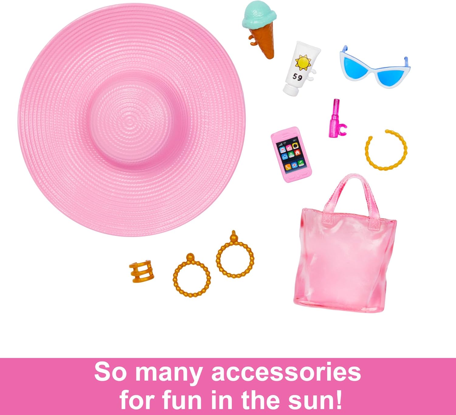 Mattel Barbie Beach Blonde Doll with Pink and White Swimsuit, Accessories, and Beach Bag