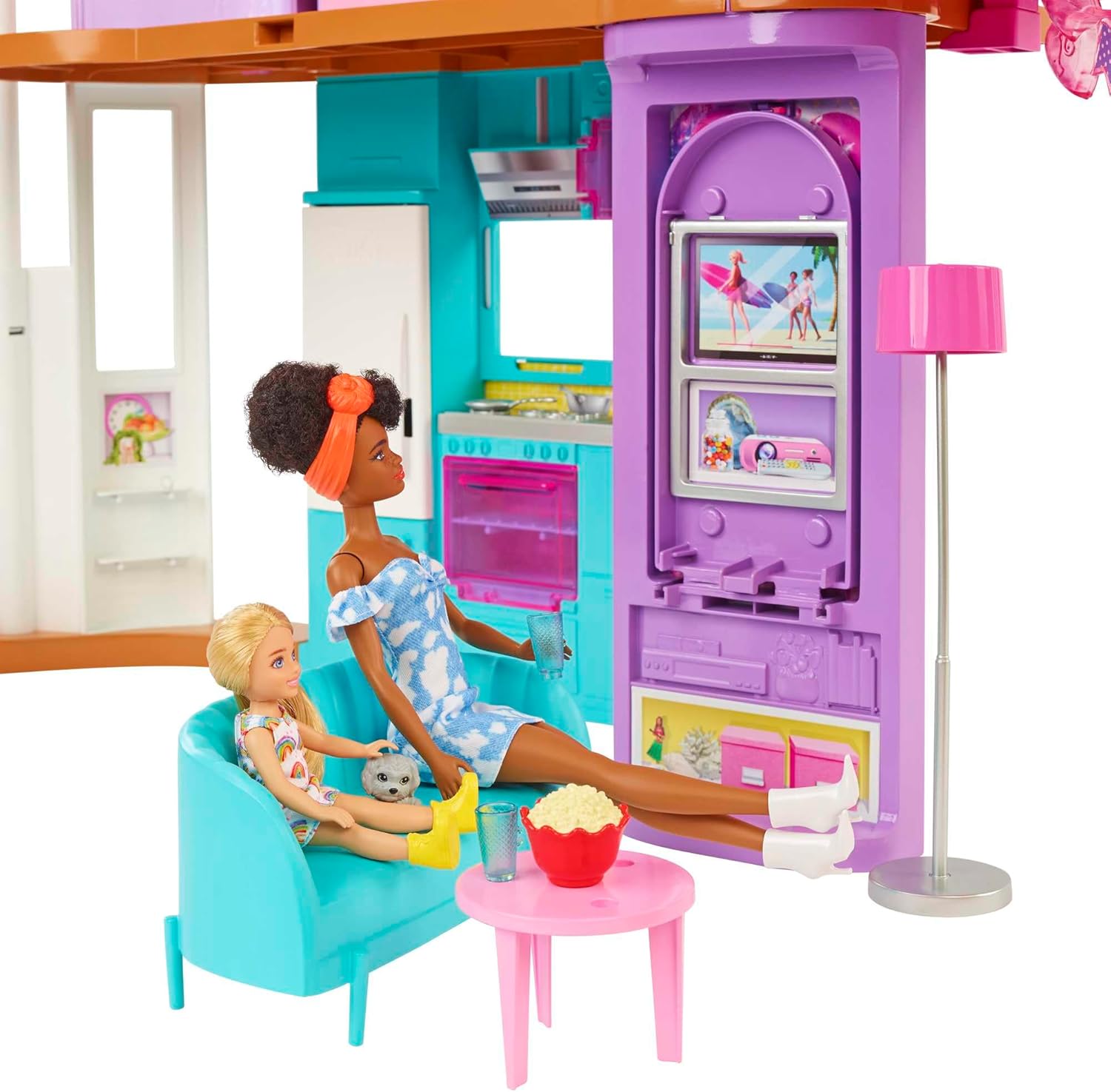 Barbie Vacation House, 2-Storey Fully-Furnished Barbie House with 6 Play Areas, Swing Chair Elevator, 30 Accessories, Fold and Store, Toys for Ages 3 and Up