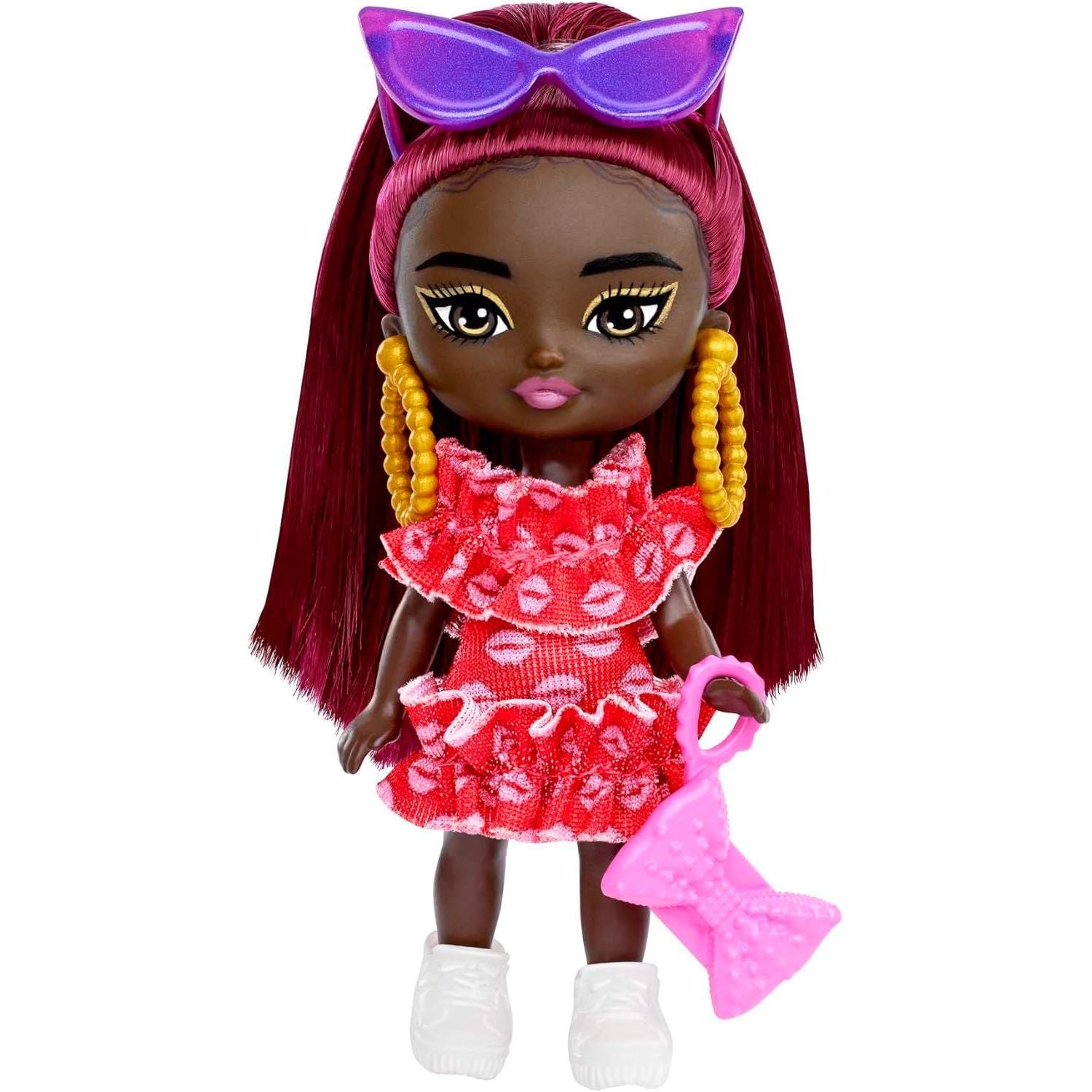 Barbie Extra Mini Minis Doll with Burgundy Hair, Red Ruffle Dress, Sunglasses & Accessories & Stand, 3.25-inch