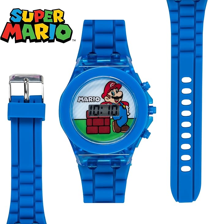 Accutime Super Mario Kids LCD Digital Watch with Flashing Lights in Dial Featuring Mario Design and Molded Silicone Strap – Easy-Read Time Display – Durable Build