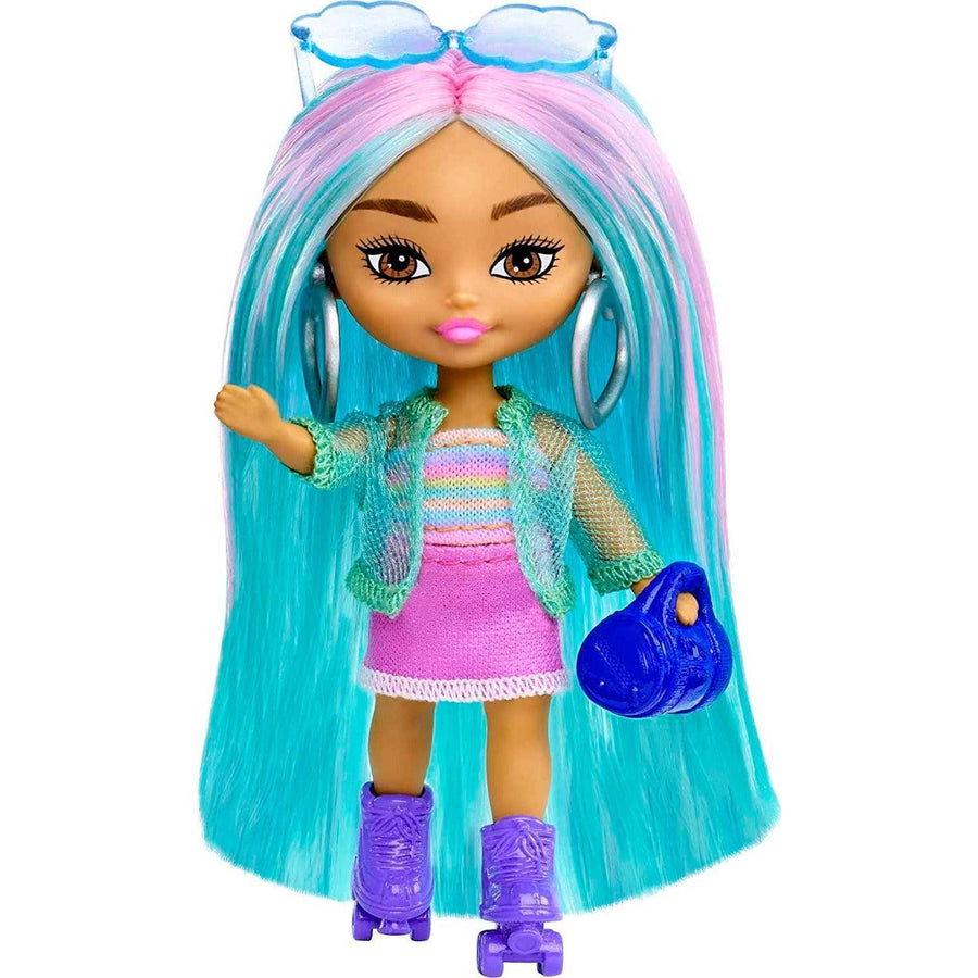 Barbie Extra Mini Minis Doll with Blue Hair: Sporty Outfit, Roller Skates & Accessories & Stand, 3.25-Inch