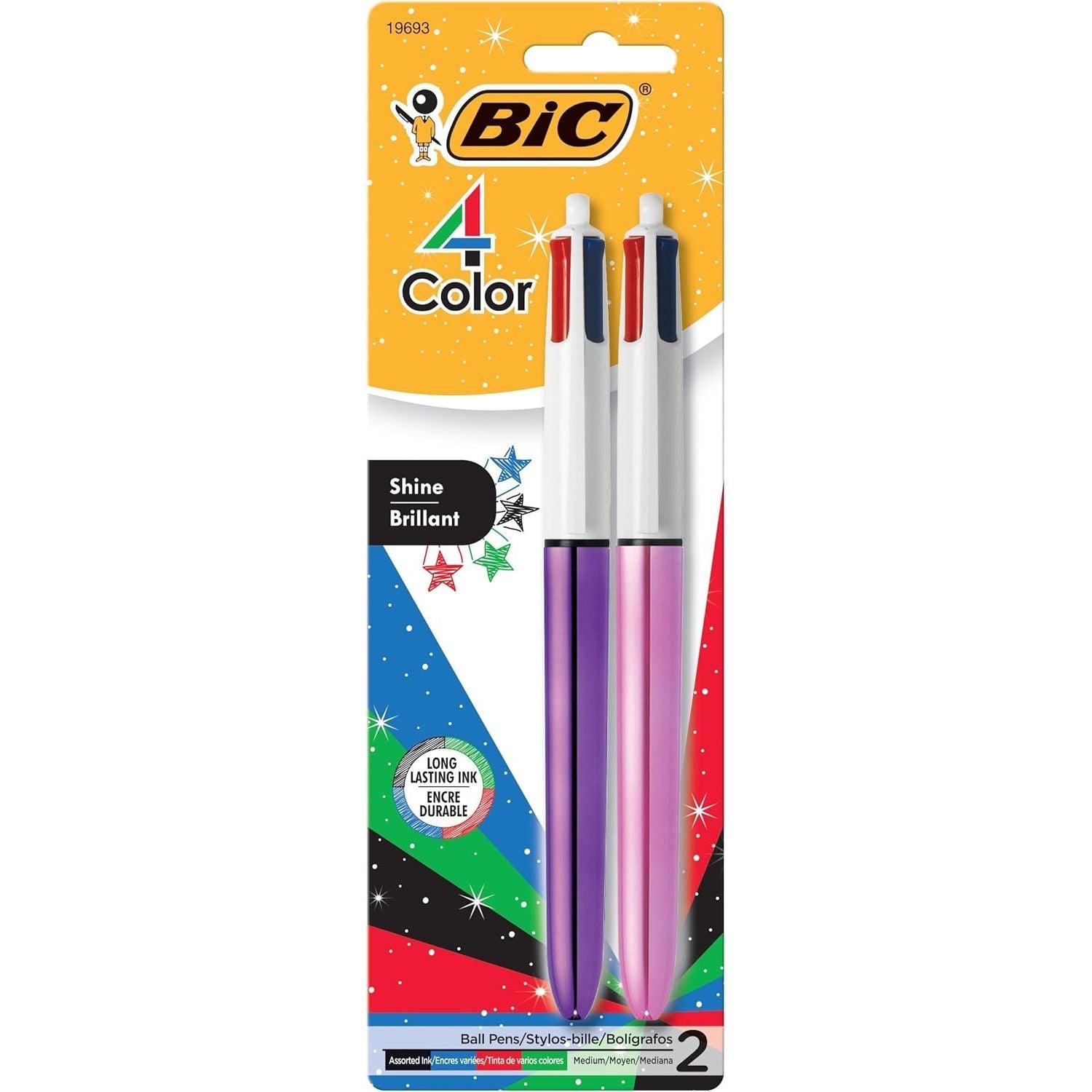 BIC 4-Color Shine Ball Pen, Medium Point (1.0 mm), Metallic Barrel, Assorted Inks, 2 Count