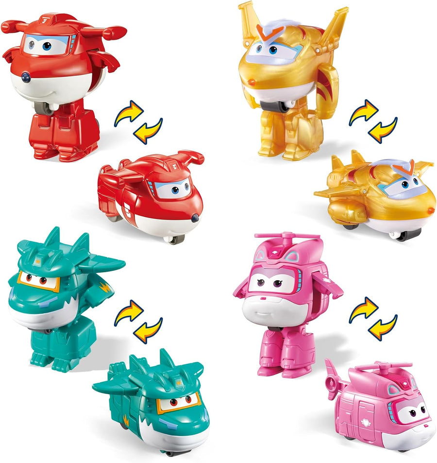 Super Wings 2" Transform-a-Bots 4-Pack, Supercharged Jett, Dizzy, Tino, Golden Boy, Airplane Toys Vehicle Mini Figures