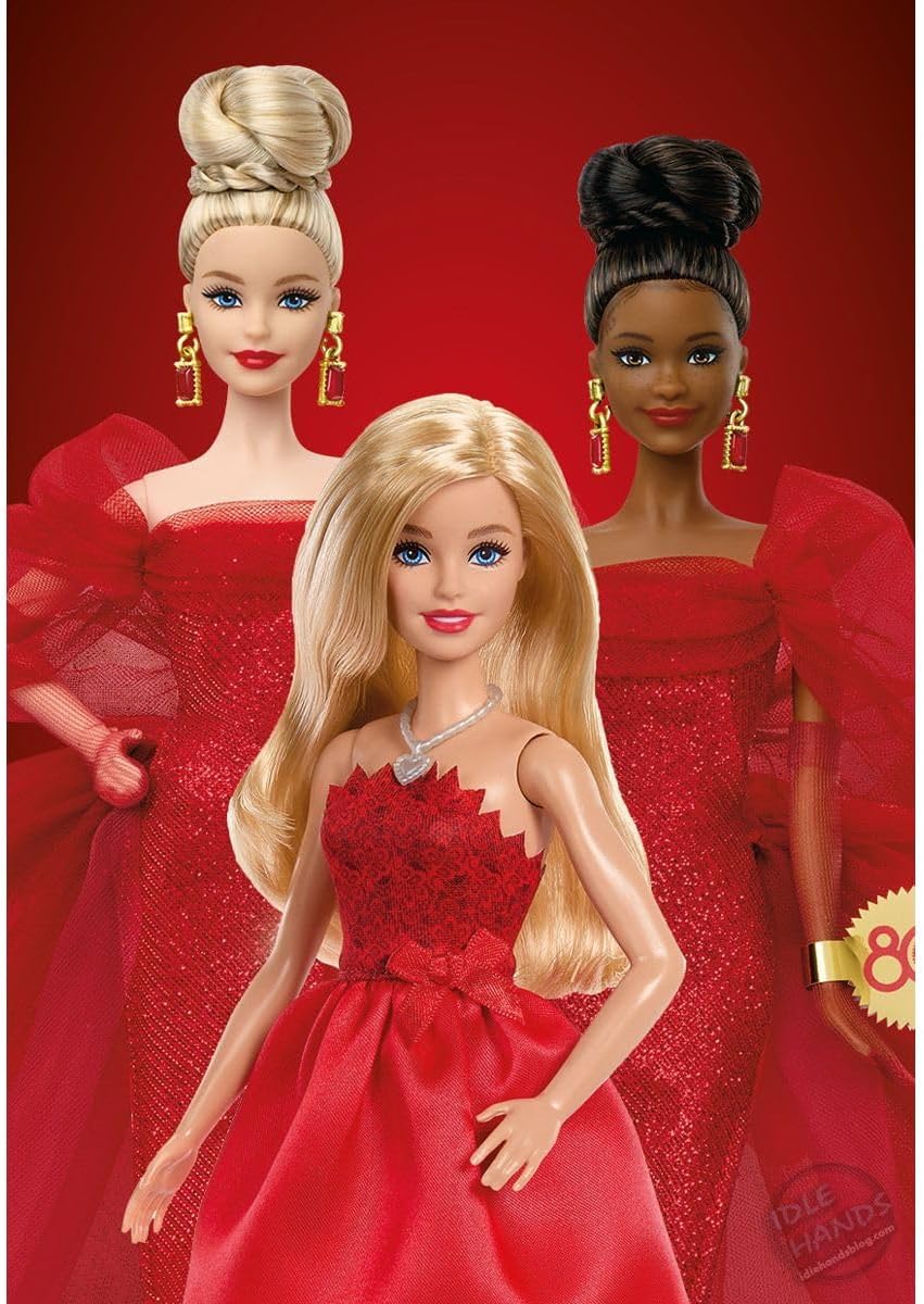 Barbie Mattel 80th Anniversary Ruby-Red Celebration Blonde Fashion Doll Wearing Red Dress with Silvery Shoes & Necklace