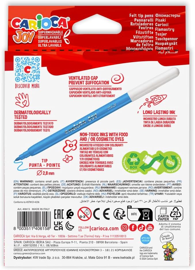 Carioca joy felt tip pens washable pack of 24 colors assorted color for student, craft, school multi color
