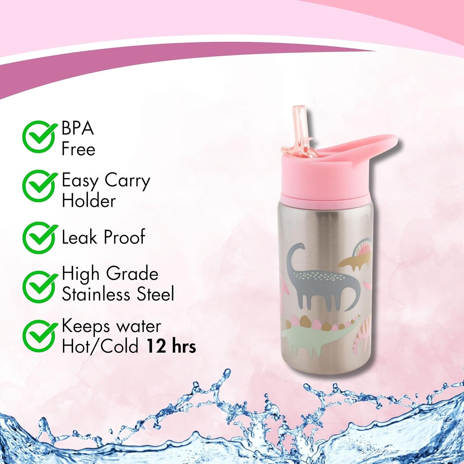 Stephen Joseph Stainless Steel Water Bottles Pink Dino