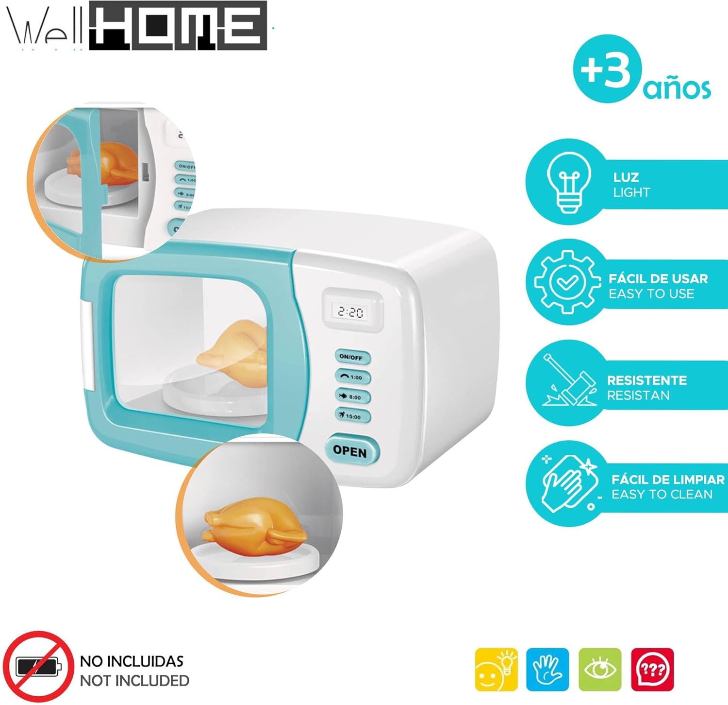 لعبة فرن ميكروويف واقعية للأطفال مع ضوء عمل وشاشة مؤقت وطعام دوار (أزرق/أبيض)