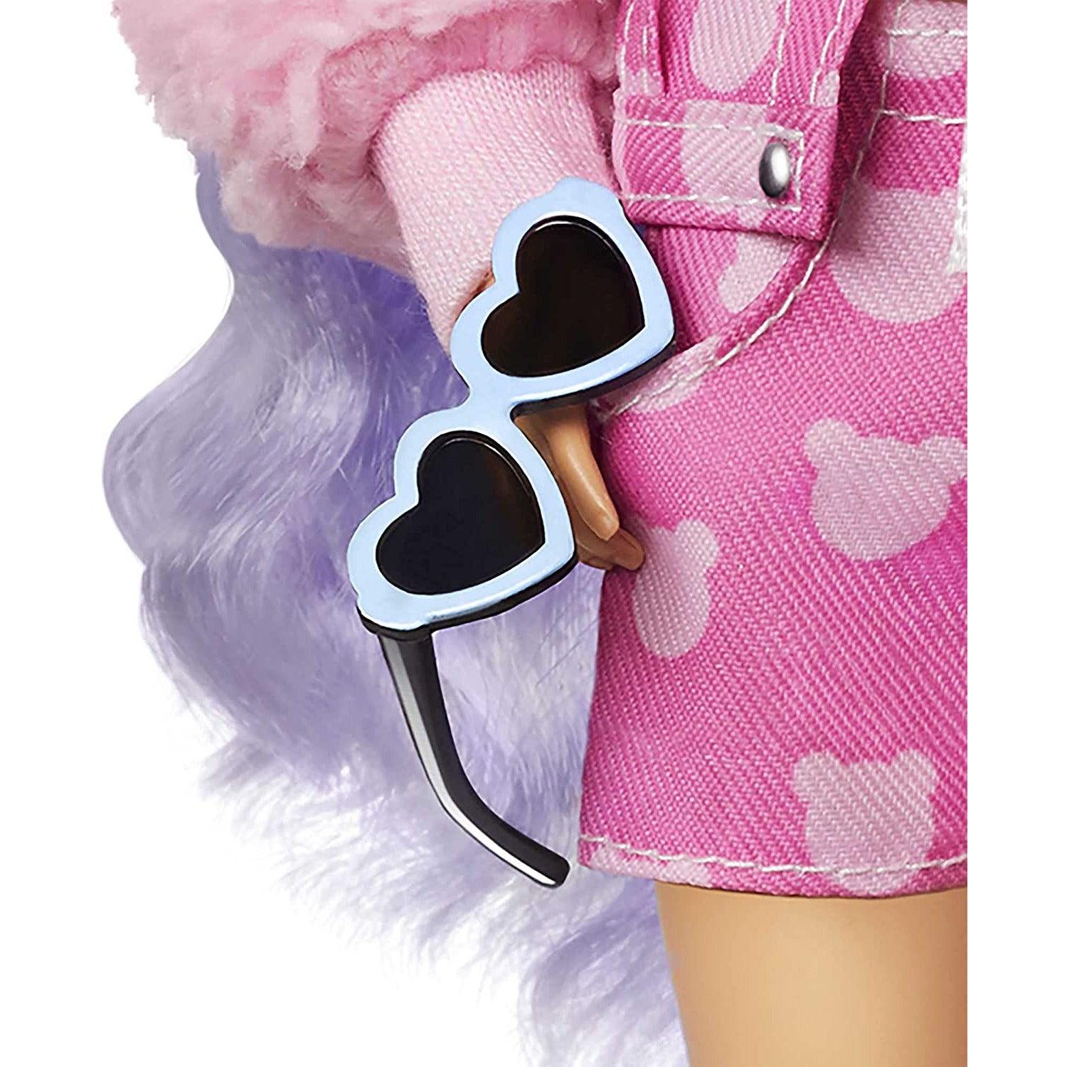 Barbie Extra Doll #6 & Accessories with Long Periwinkle Hair, Teddy Bear-Print Denim Jacket, Matching Shorts & Pet Puppy