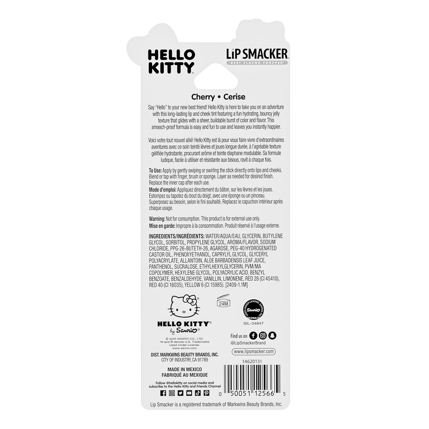 Lip Smacker Hello Kitty So Jelly Lip & Cheek Tint, Moisturizing Sheer & Buildable Color, Fun Bouncy Jelly Texture, Sweet Cherry Flavor