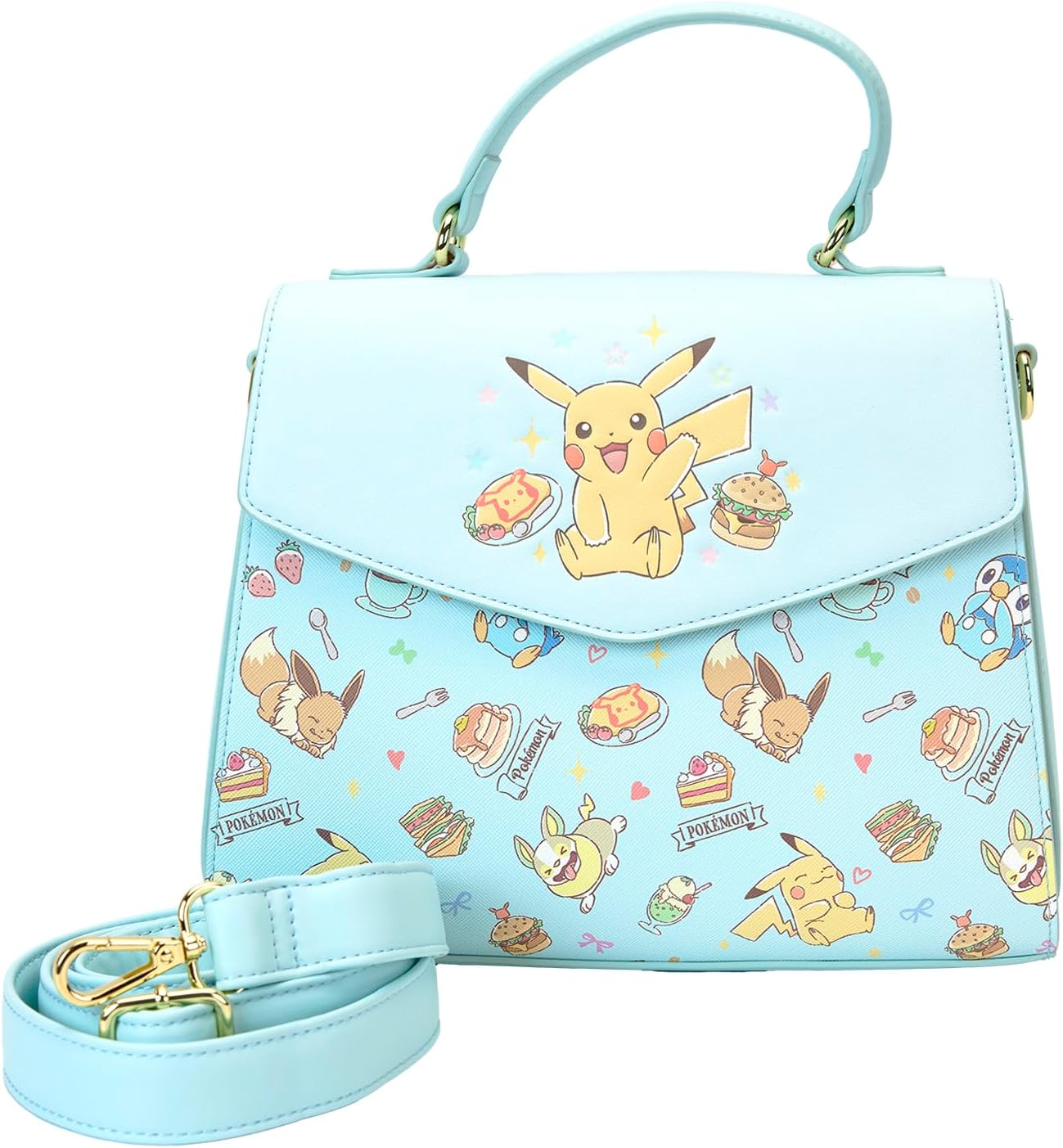 Light blue handbag with Pikachu and Pichu designs 