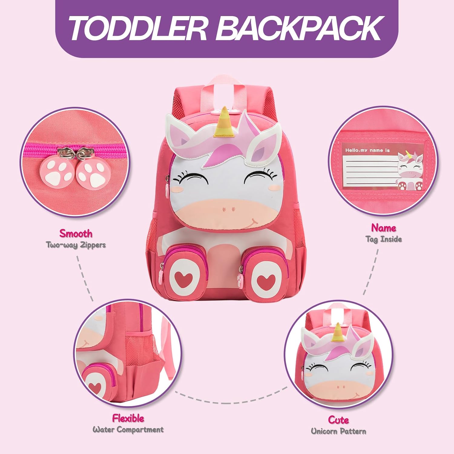 Toddler Backpack for Girls kids,Unicorn pink Girls Bookbag,Waterproof Animal Preschool Schoolbag Age 2-5