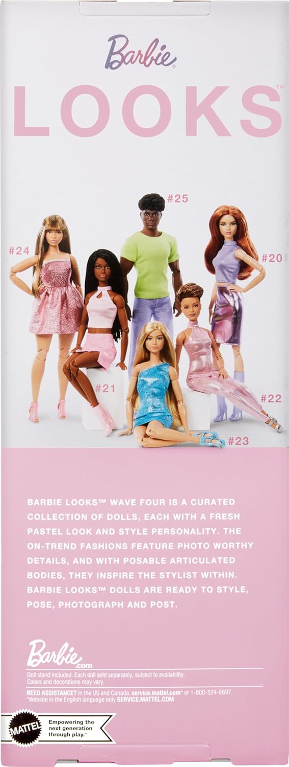 Barbie Looks Doll, Collectible No. 21 with Black Braids and Modern Y2K Fashion, Pink Halter Top and Faux-Leather Skirt with Ankle Boots