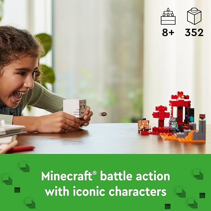 مجموعة مغامرات ماينكرافت ذا نيثر بورتال كمين من ليجو 21255، لعبة بناء للأطفال مع شخصيات ماينكرافت ومشاهد المعركة، لعبة ماينكرافت للأولاد والبنات واللاعبين