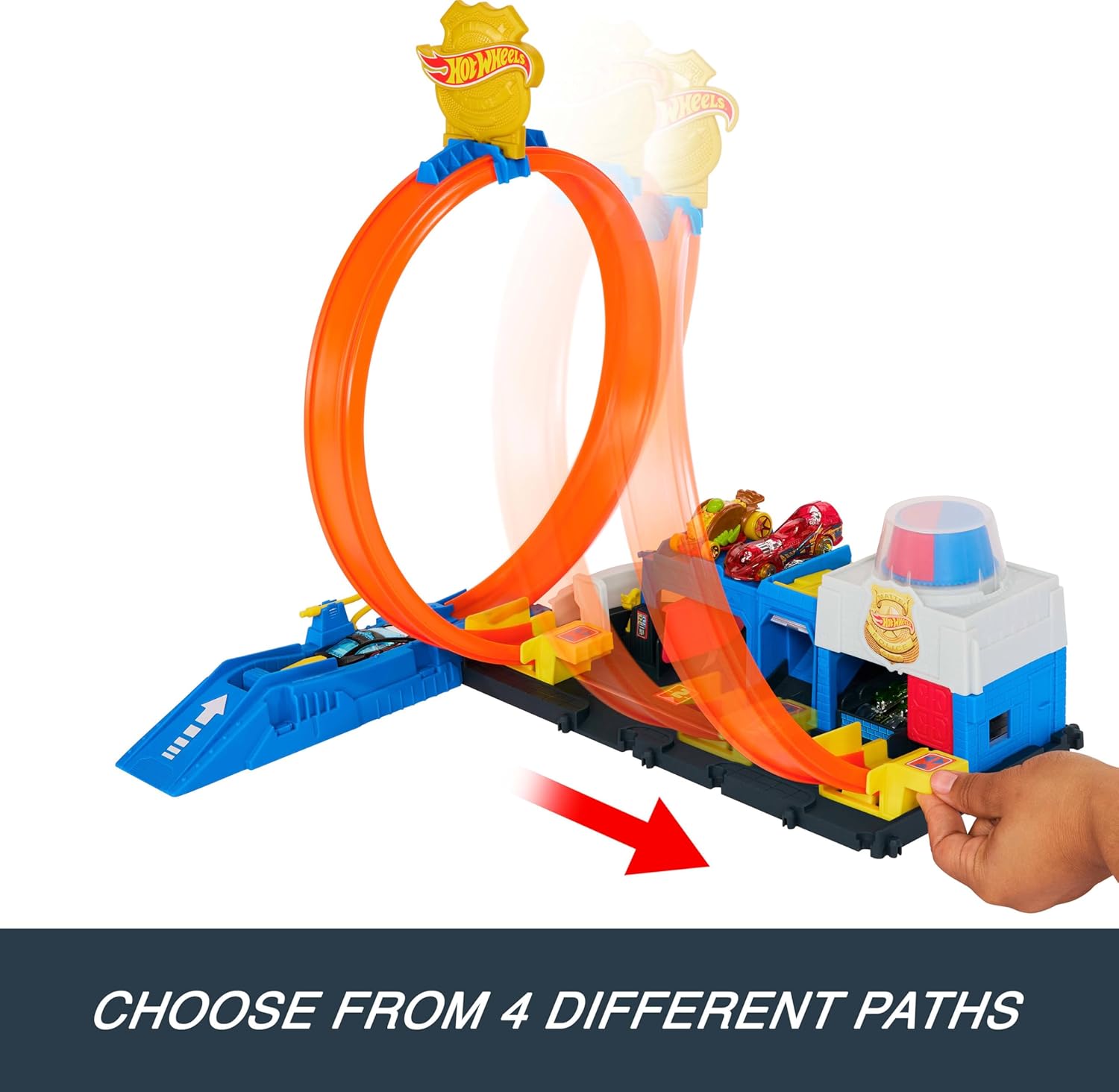 مجموعة مسار سيارة لعبة هوت ويلز، مجموعة لعب مركز شرطة سوبر مع مركبة مصبوبة بمقياس 1:64، حلقة قابلة للتعديل لطرق متعددة للسباق والألعاب البهلوانية 