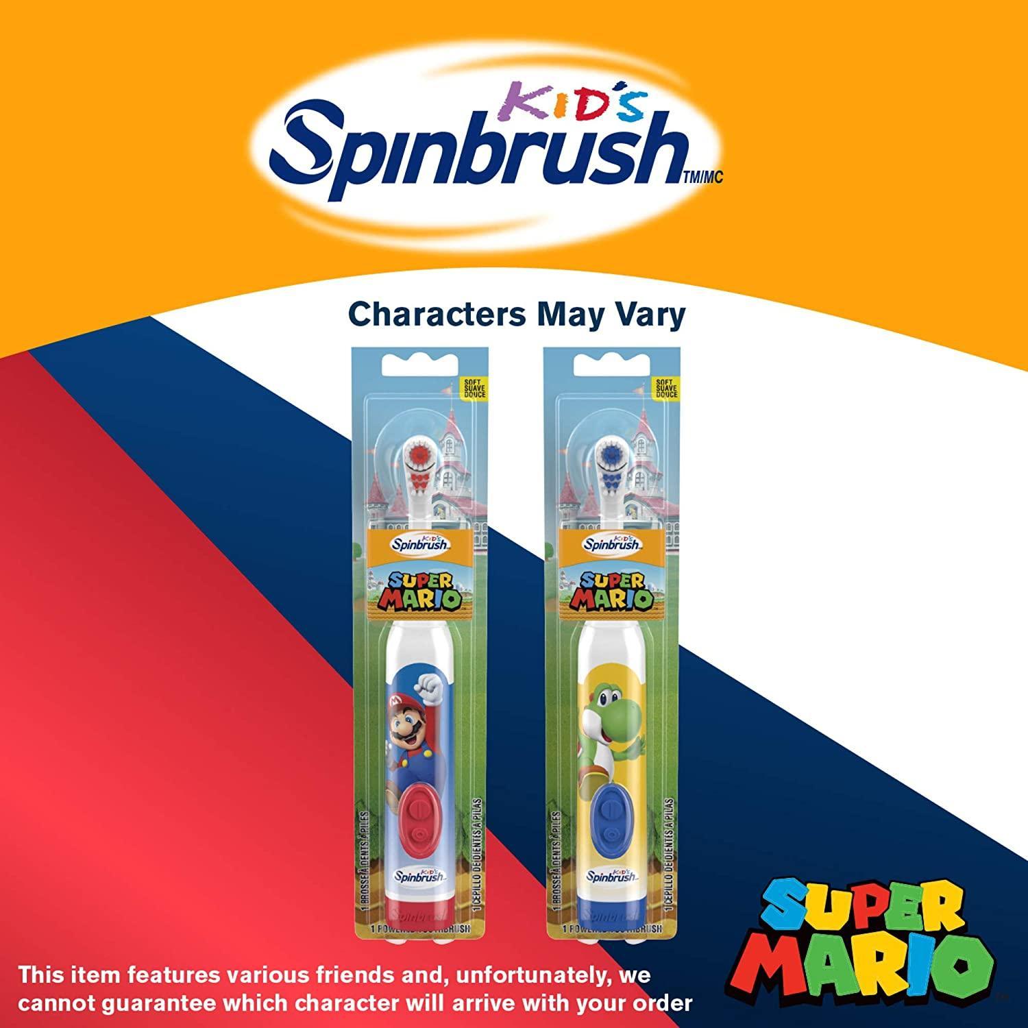 Super Mario Kid’s Spinbrush Electric Battery Toothbrush, Soft, 1 ct, Character May Vary - BumbleToys - 5-7 Years, 8-13 Years, Baby Saftey & Health, Boys, Super Mario, Toothbrush