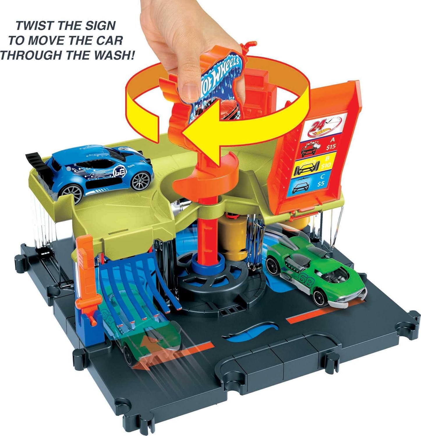 مجموعة مسار ألعاب هوت ويلز سيتي، مجموعة غسيل سيارات داون تاون إكسبريس مع مركبة بمقياس 1:64، بكرة إسفنجية، وأغطية تجفيف