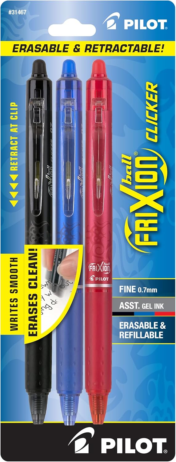 PILOT FriXion Clicker Erasable, Refillable & Retractable Gel Ink Pens, Fine Point, Black/Blue/Red Inks, 3-Pack