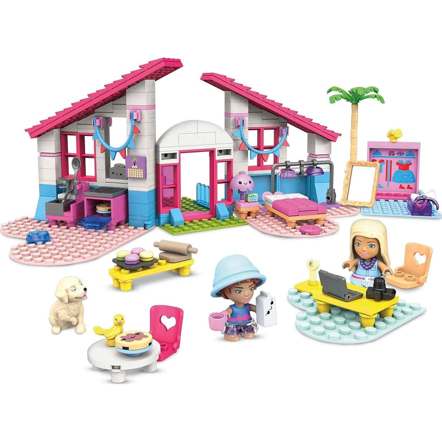 MEGA Barbie Building Toys Playset, Malibu Dream House with 303 Pieces, 2 Micro-Dolls, Accessories and Furniture, 3 Pets