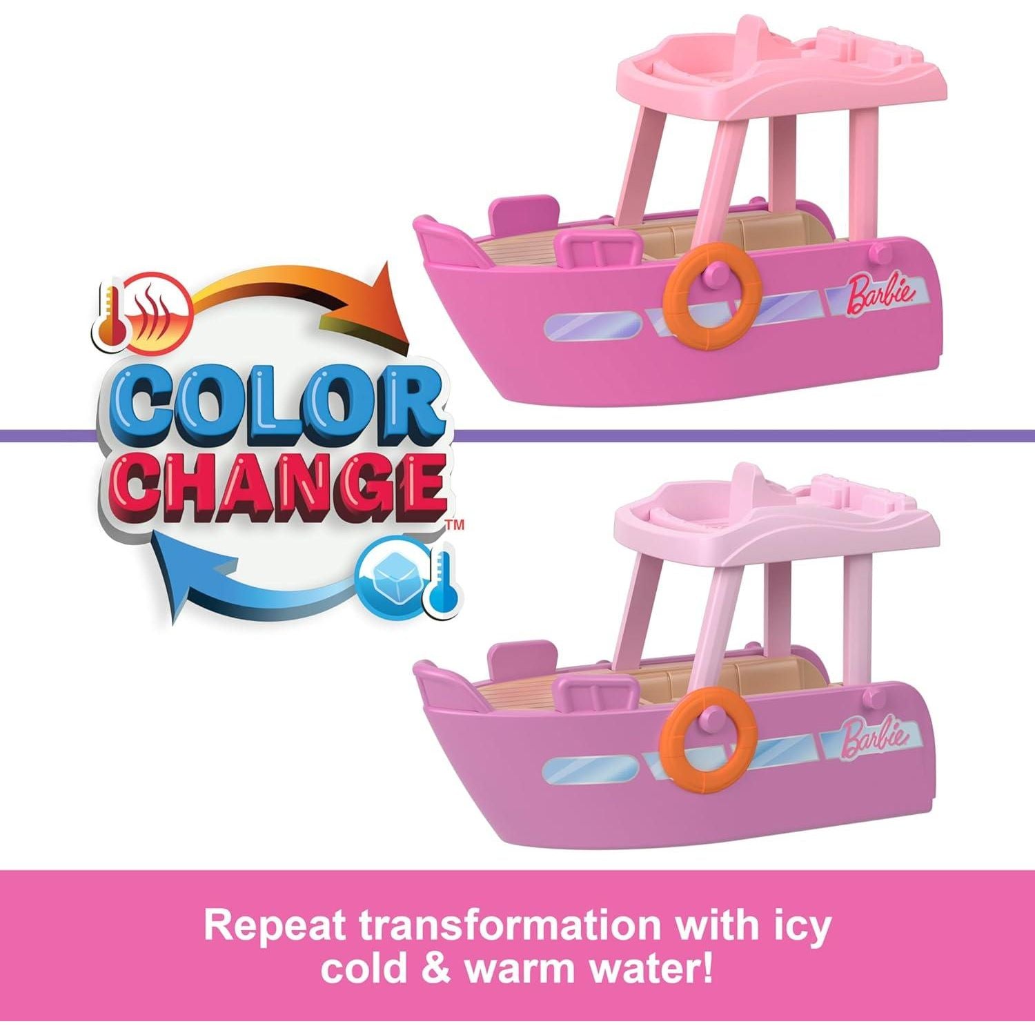 مجموعة باربي ميني باربي لاند ودمية ومركبات لعبة، دمية 1.5 بوصة وقارب أحلام مع مفاجأة متغيرة اللون