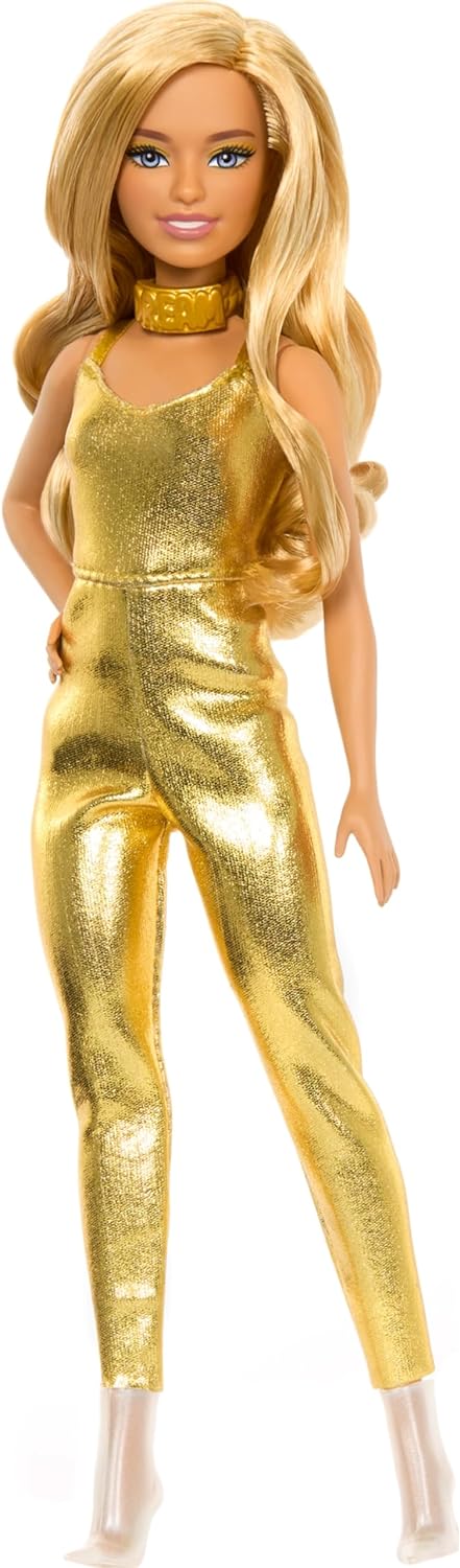 Barbie Fashionistas Doll #222, Petite With Blonde Wavy Hair, Golden Jumpsuit, 65th Anniversary