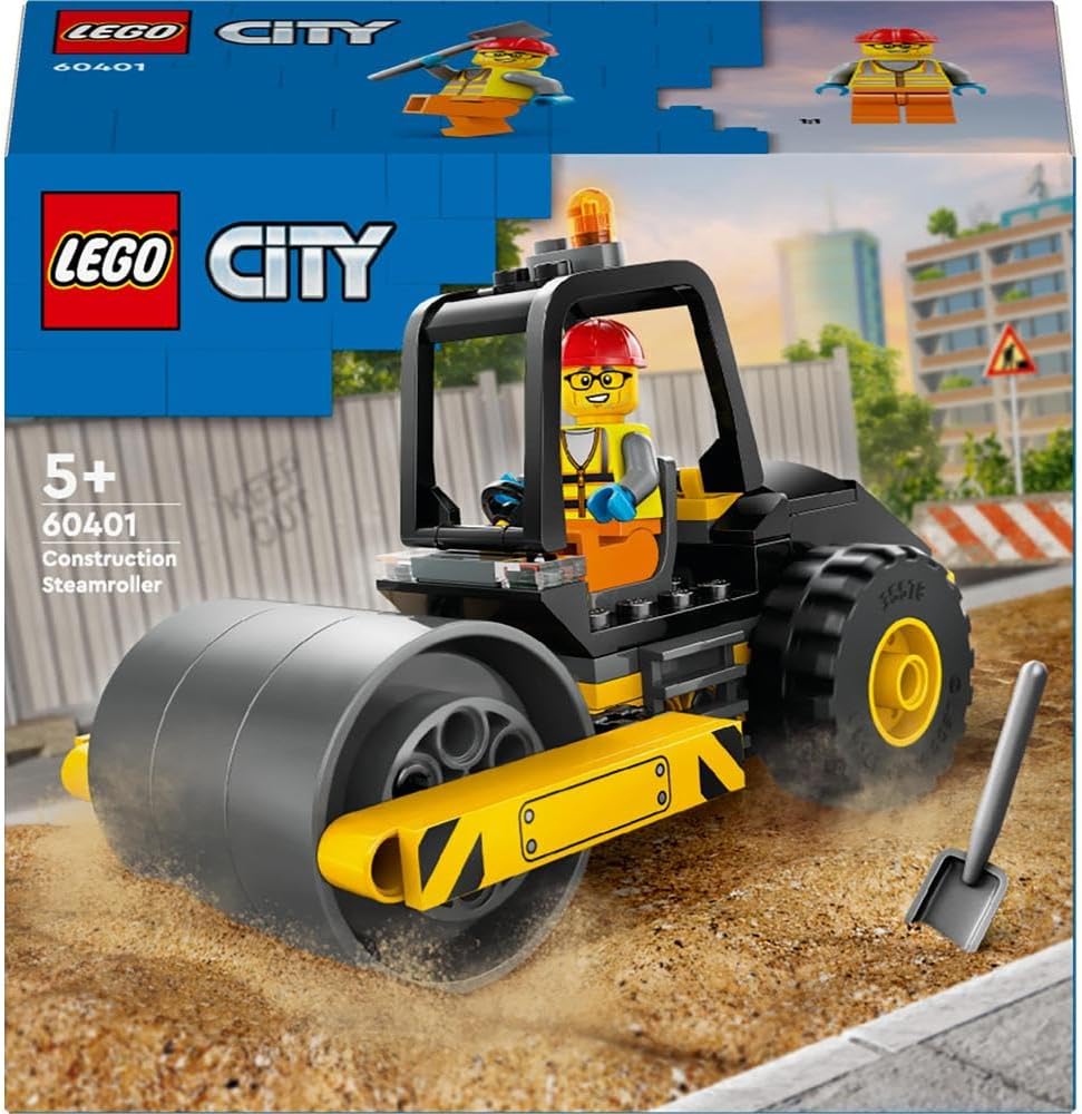 LEGO City 60401 Construction Steamroller Fun Gift, Vehicle Building Set for Kids Aged 5 and Older, Truck Model with Minifigure Worker Figure