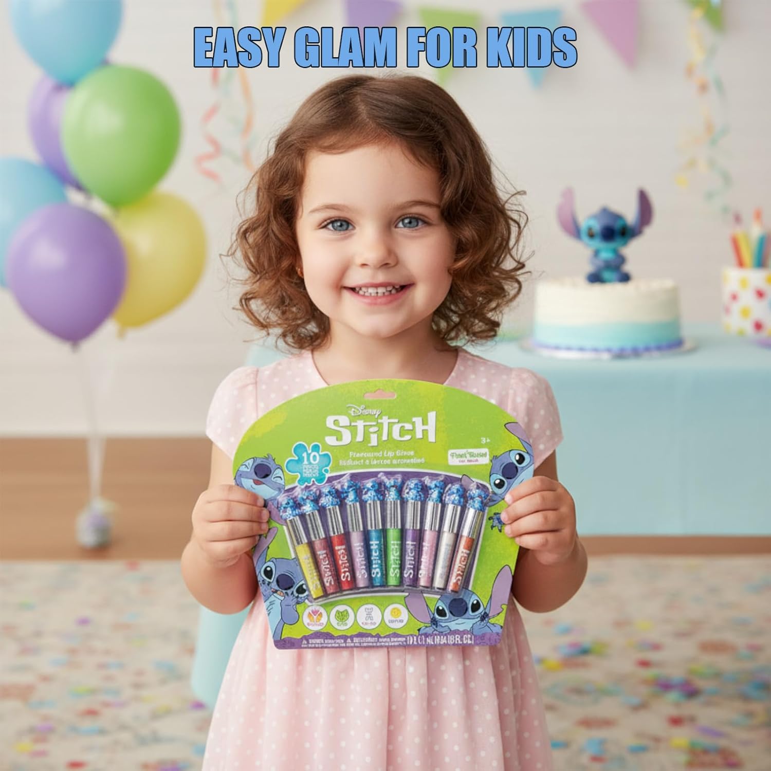 Disney Stitch 10 Piece Plant Based Lip Gloss, Girls Party Favors, First Makeup Set for Girl, Perfect for Parties, Sleepovers, and Birthday Gifts, Ages 3+, by Townley Girl