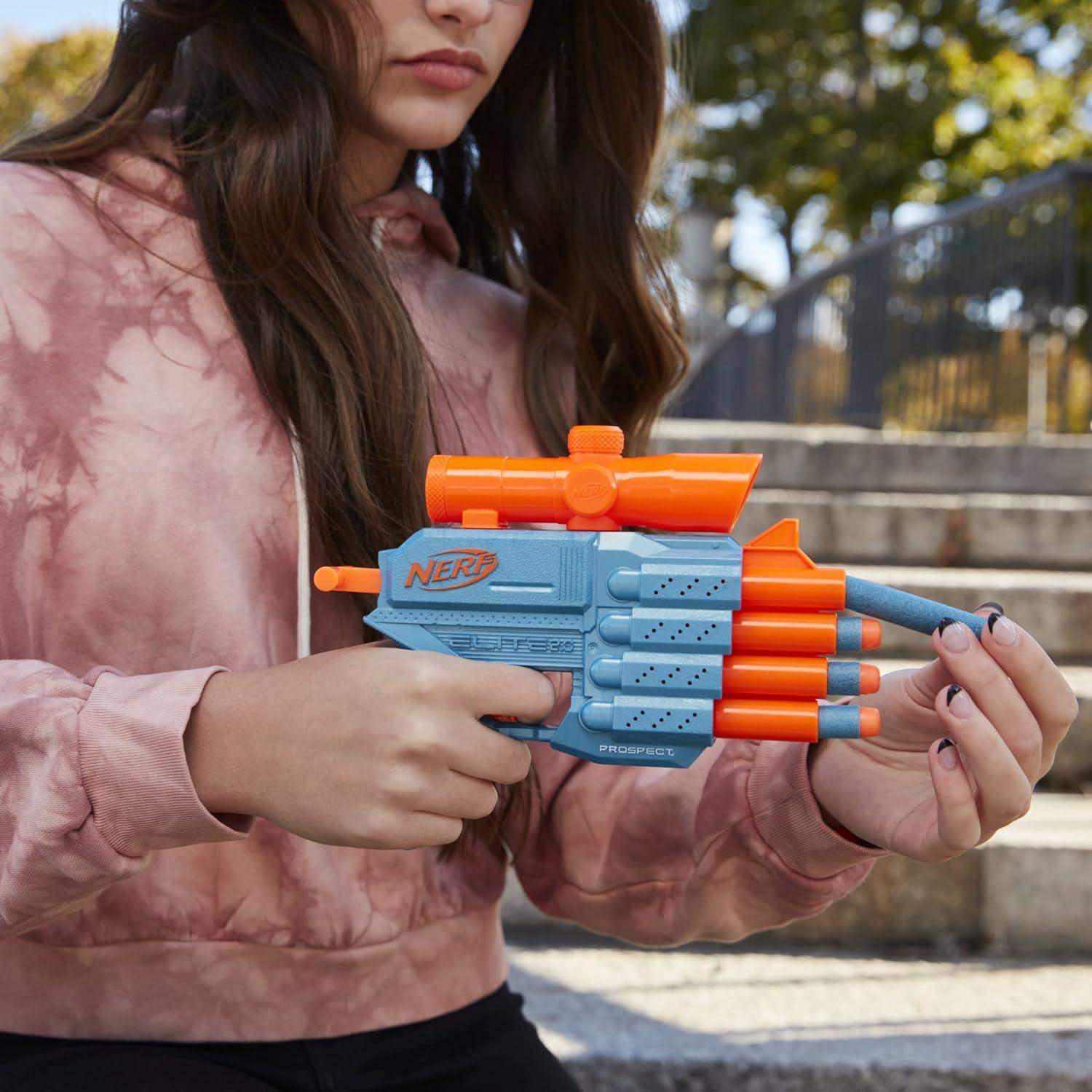 Hasbro Nerf Elite 2.0 Prospect QS-4 Blaster, 8 Official Nerf Elite Darts, 4-Dart Blasting, Non-Removable Targeting Scope