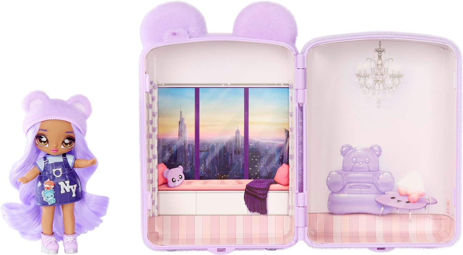 Na! Na! Na! Surprise Mini Backpack Bedroom Lizzy York Fashion Doll, Fuzzy Purple Bear Backpack, Gift for Kids