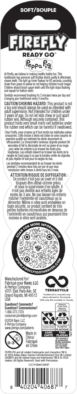 Firefly Ready Go Brush, Peppa Pig, Light Up Timer Toothbrush, Premium Soft Bristles, 1 Minute Timer, Less Mess Suction Cup, Battery Included, Easy Storage, for Ages 3+, 1 Count