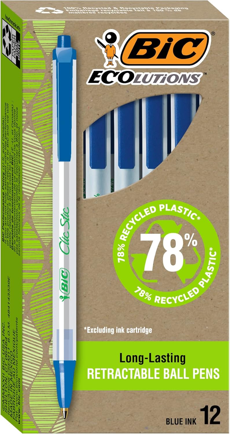BIC Ecolutions Clic Stic Blue Ballpoint Pens, Medium Point (1.0mm), 12-Count Pack, Retractable Ball Point Pens Made from 78% Recycled Plastic