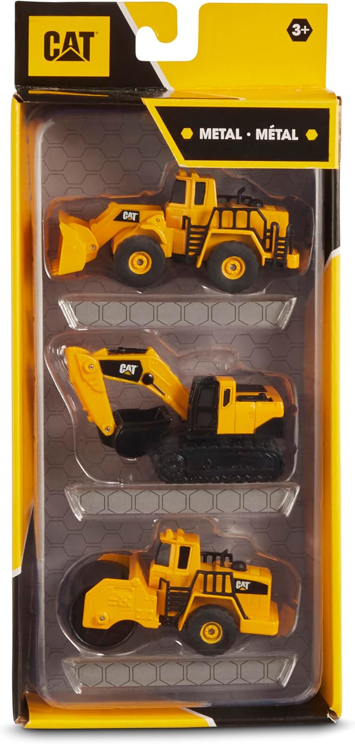 مجموعة من 3 مركبات معدنية مصبوبة من CAT Construction Toys - بكرة بخارية/حفارة/جرافة بعجلات للأعمار من 3 سنوات فما فوق