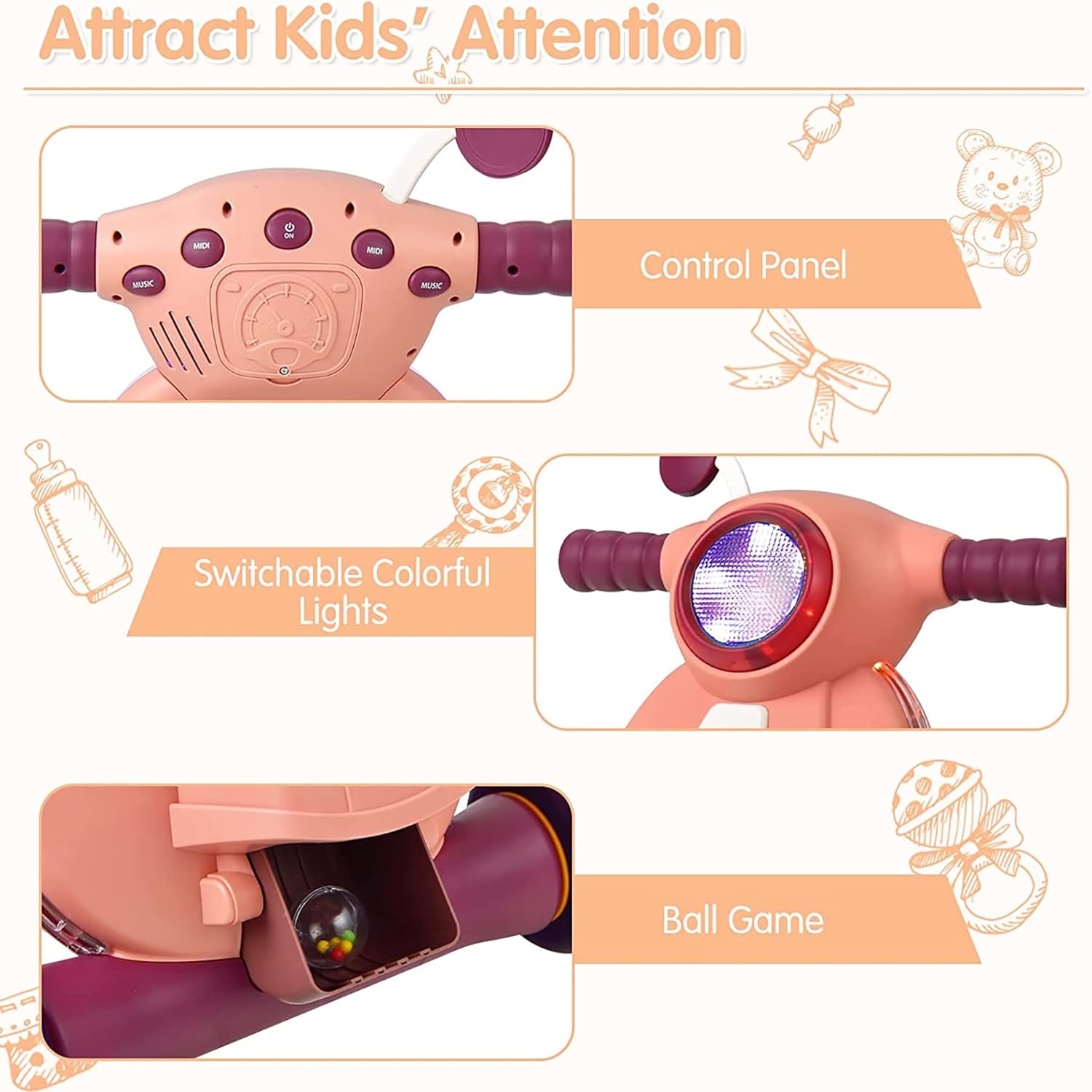 WISHKEY Plastic Multi Functional Baby Walker for Toddlers, 2-in-1 Baby Walkers with Fun Ball Game, Lights & Music, Walker for Kids for 1+ Years