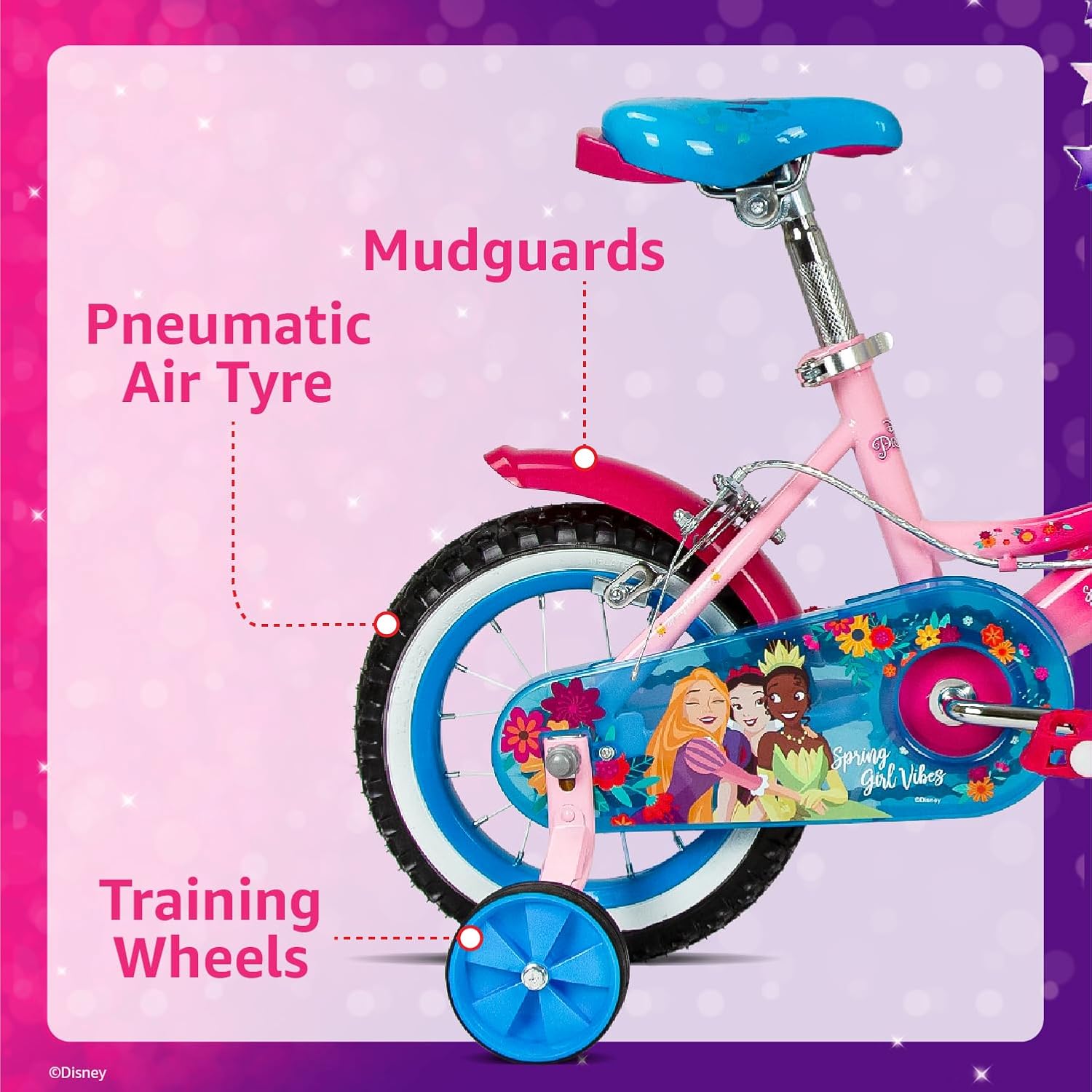 Spartan Disney Princess Bicycle, Rear Caliper Brakes, Easy Saddle Height Adjustment, Colorful, 3 Years+, Pink /Blue - 12 Inches