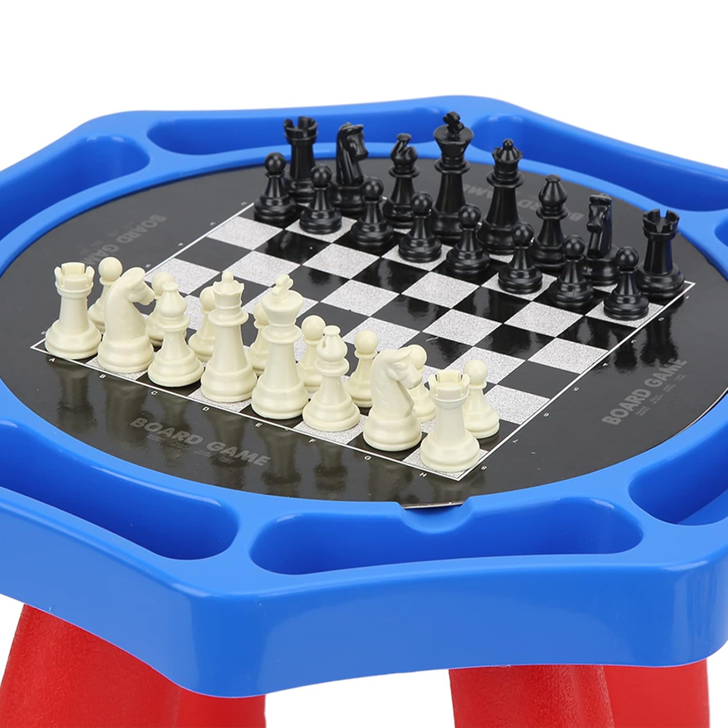 Hexagonal chessboard with black and white chess pieces on a blue and red stand.
