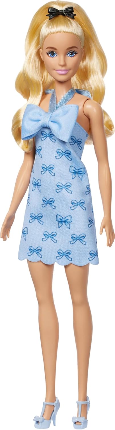 Mattel Barbie Fashionistas Doll #237 in Blue Bow Halter Dress, Blonde Ponytail With Bow Accessory