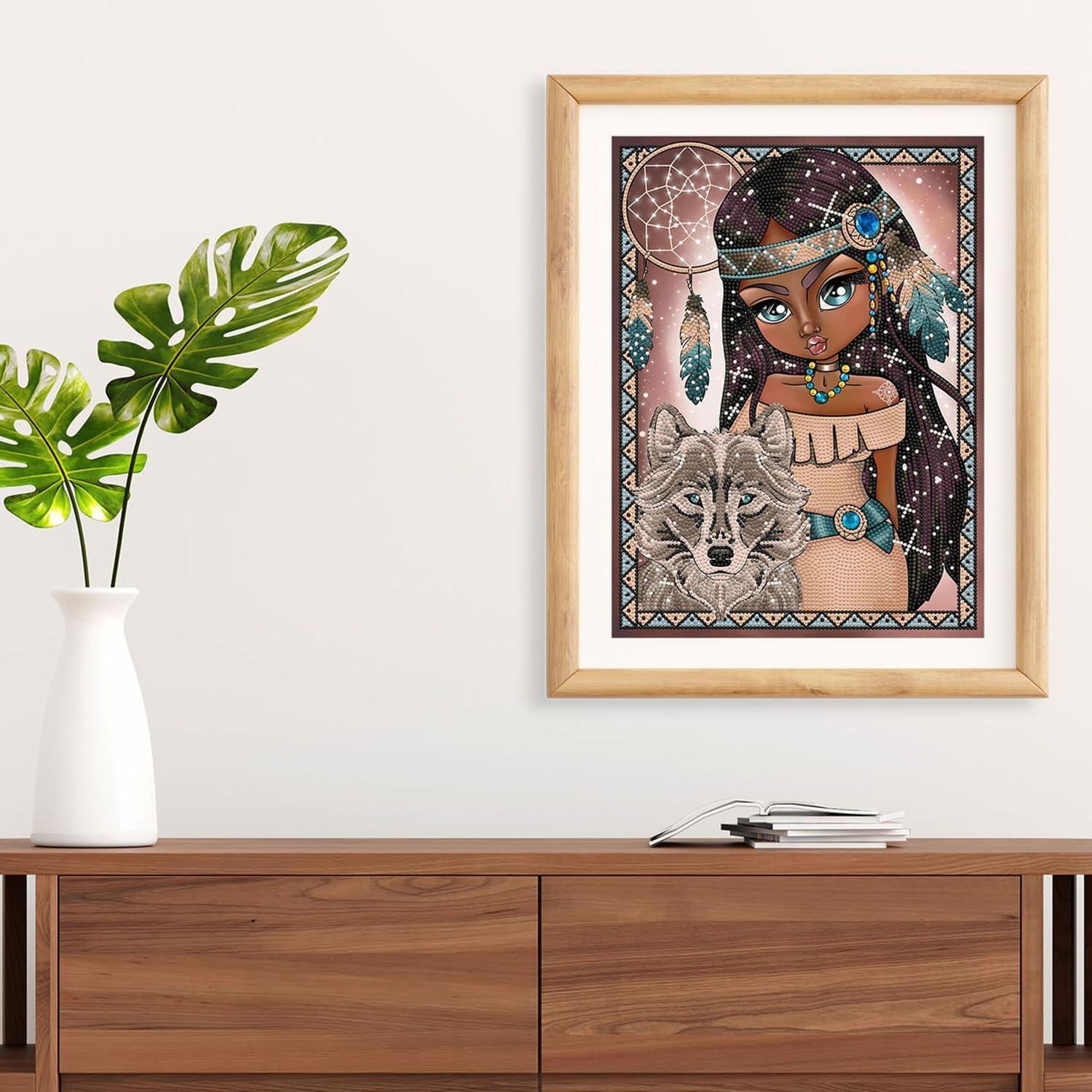 مجموعة فنية من الماس من سيمبلي دوتز 15.8 بوصة × 11.8 بوصة - فتاة هندية مع ذئب