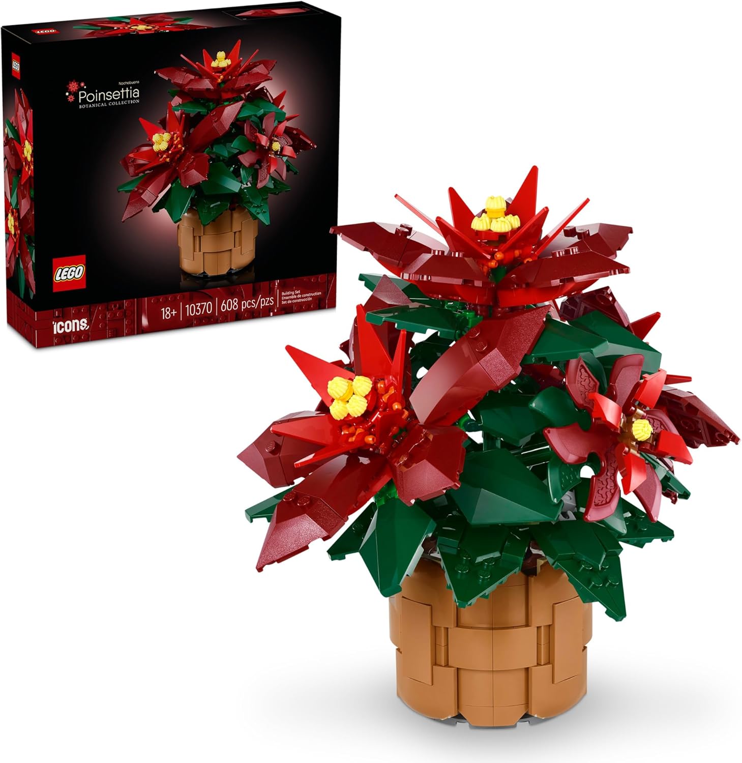 زهور عيد الميلاد الاصطناعية من مجموعة LEGO 10370 Icons Poinsettias - زهور صناعية للديكور وقطع مركزية للطاولات 