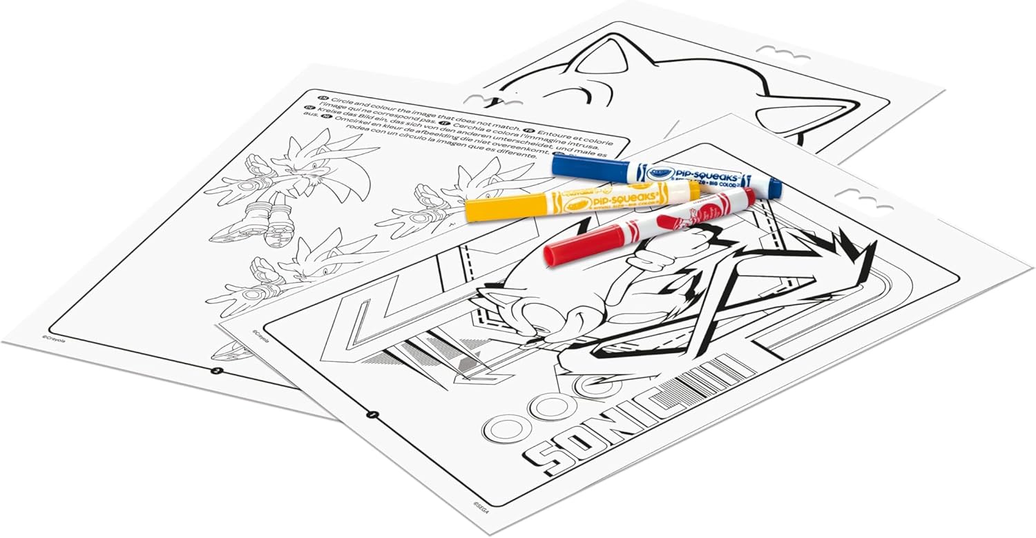 Crayola Sonic Activity & Coloring Album, 32 Colouring Pages and 7 Mini Washable Felt Tip Pens