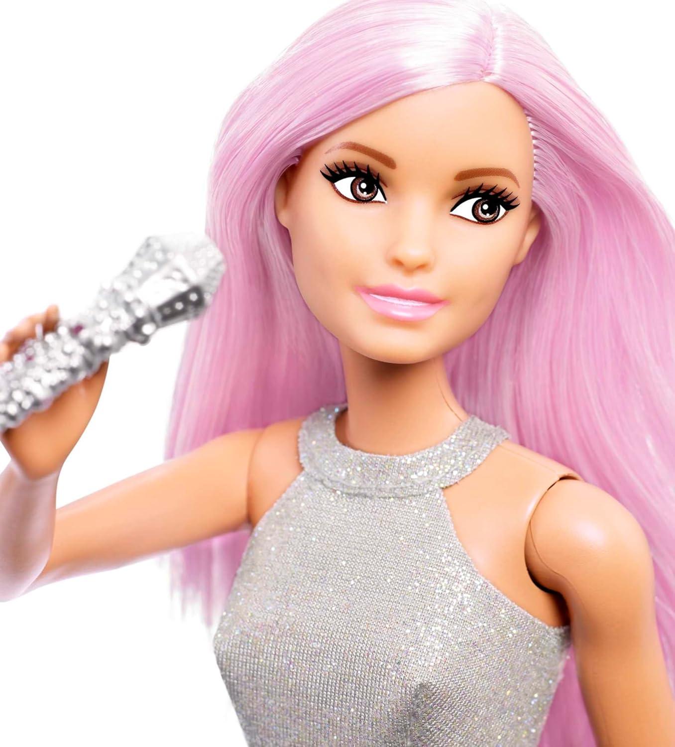 Barbie Careers Fashion Doll & Accessory, Pop Star with Pink Hair & Brown Eyes Wearing Iridescent Skirt with Microphone