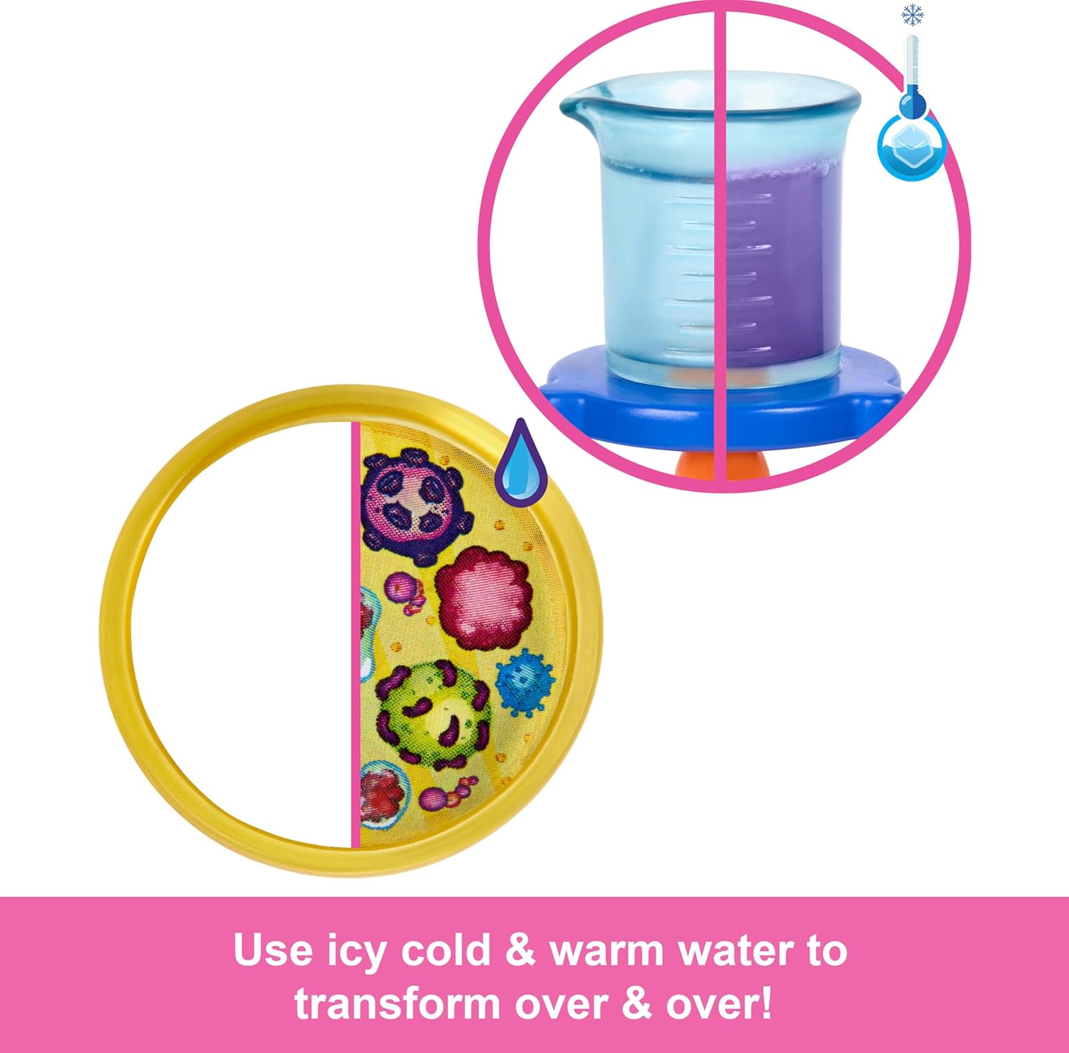 دمية باربي العالمة مع ملحقاتها: دمية شقراء أنيقة، وطاولة مختبر، ومجهر، وكأس متغير اللون، وطبق بتري.