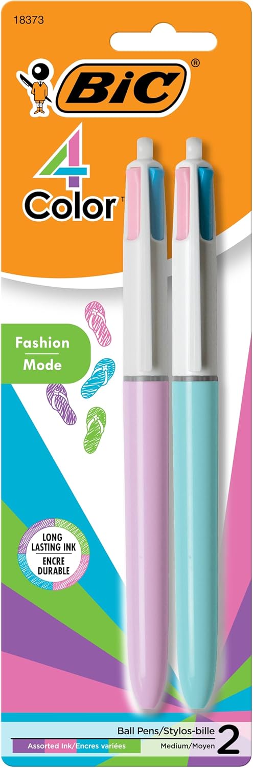 BIC 4 Color Fashion Retractable Ballpoint Pen with 1.0 mm Medium Point and Assorted Ink, 2-Count Pack
