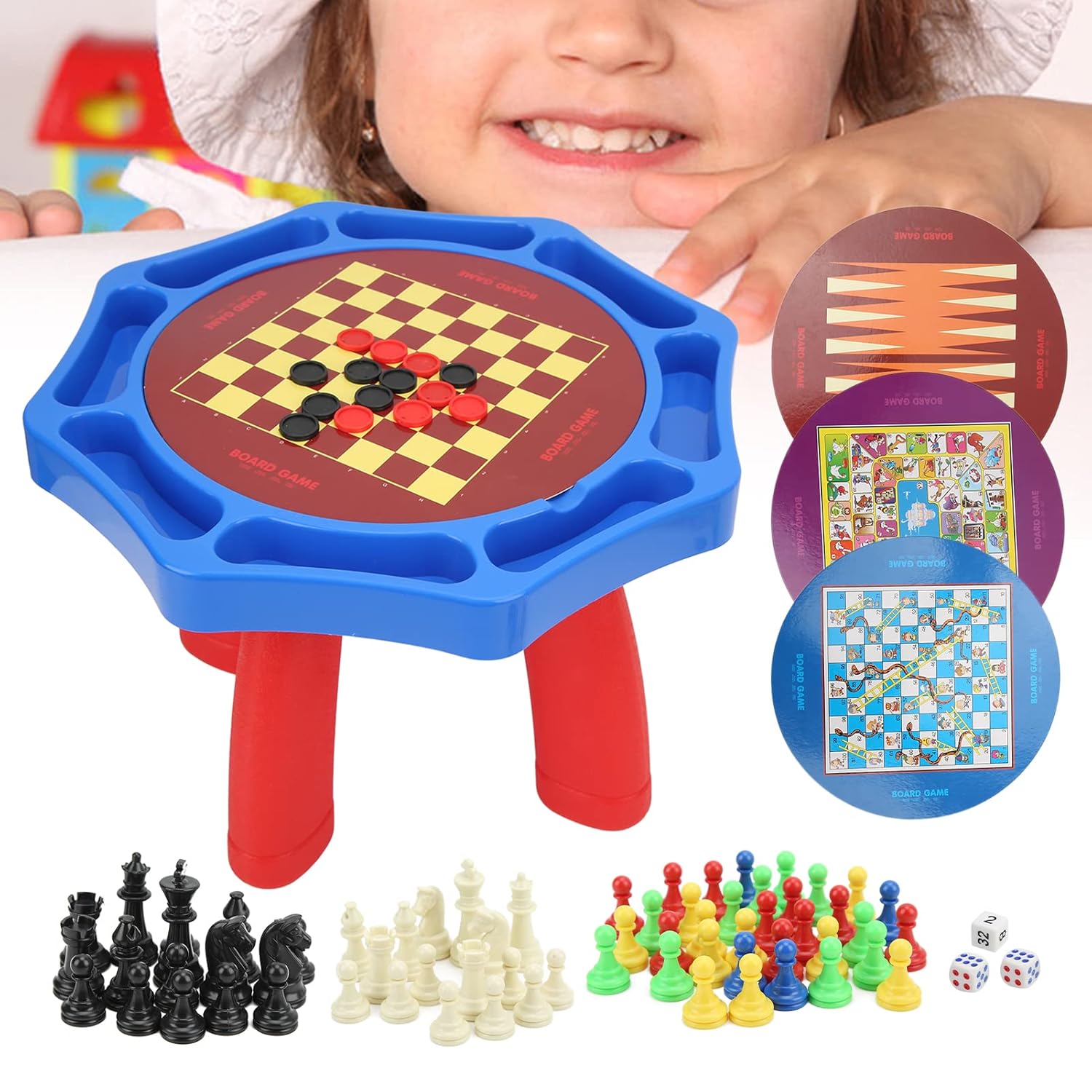 Children's board game set with checkers, chess pieces, and other games on a white background