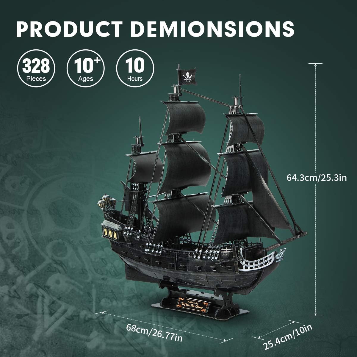 CubicFun 3D Puzzles Large Pirate Ship,Difficult Watercraft Model Ship Building , Queen Anne's Revenge 328 Pieces