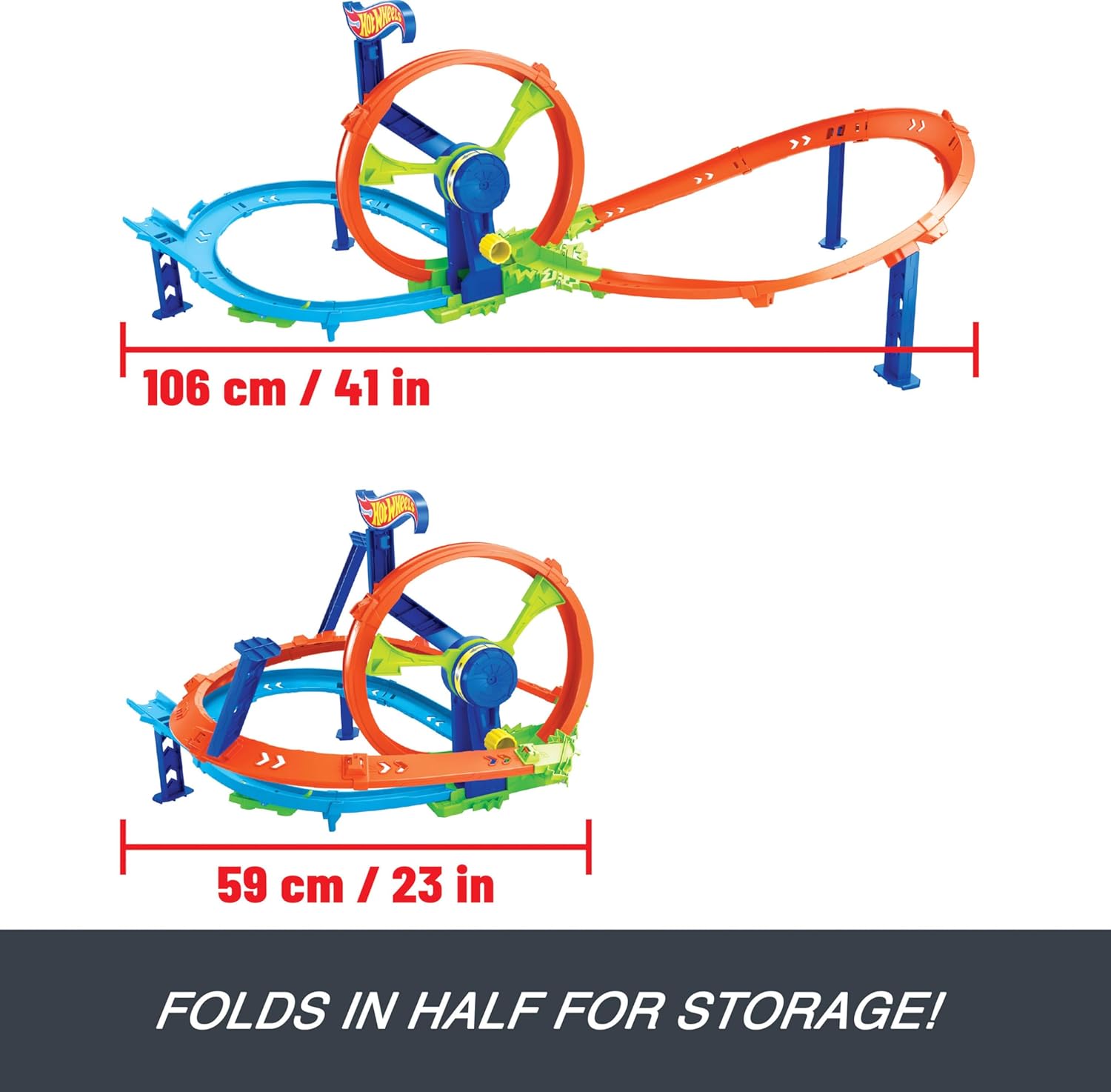 مجموعة ألعاب هوت ويلز رابيد لانش آند لوب مع سيارة لعبة مصبوبة بمقياس 1:64 ومجموعة تصادم ومسار 